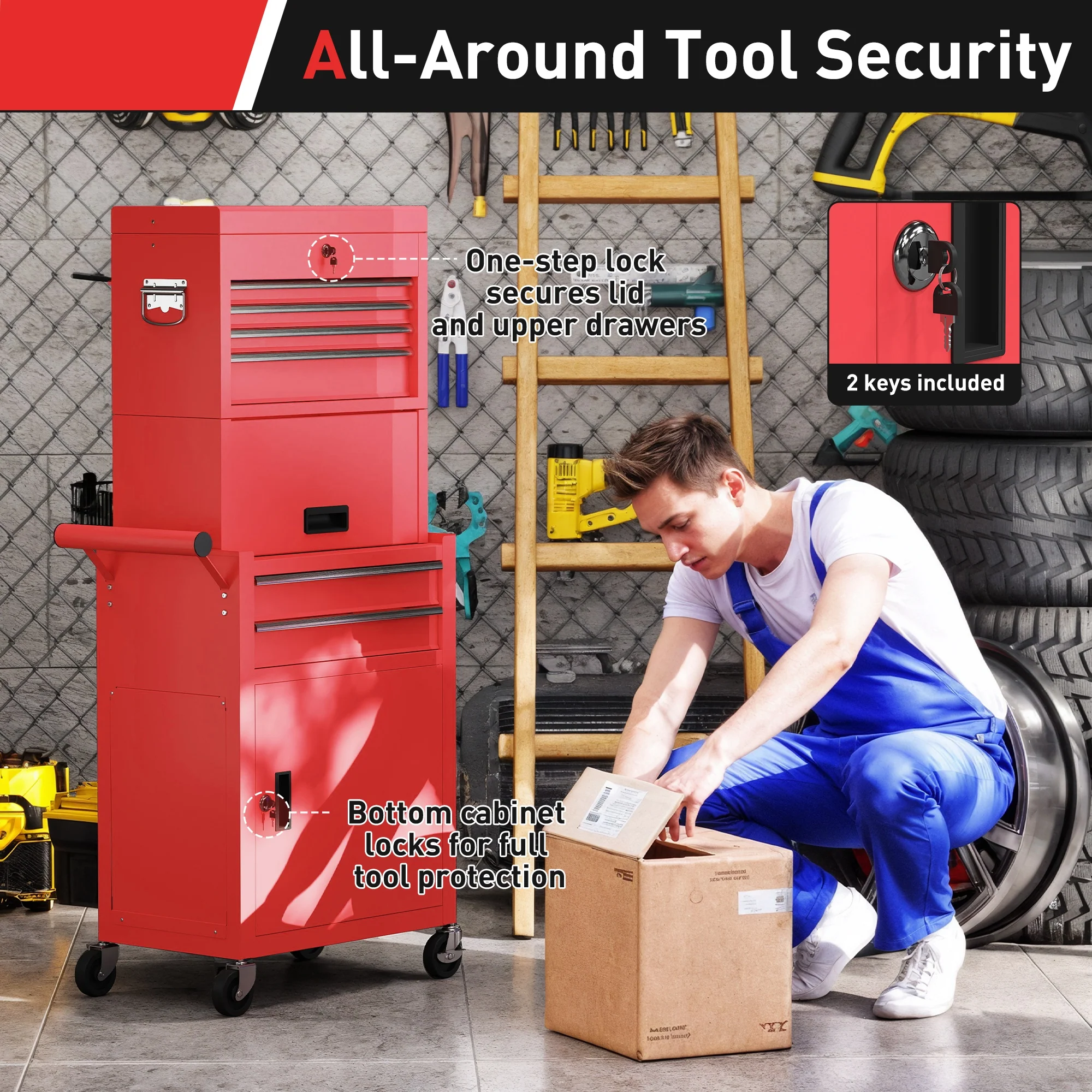HOMCOM 3-in-1 Tool Cabinet with Wheels, Rolling Tool Chest with 6 Drawers - Image 7