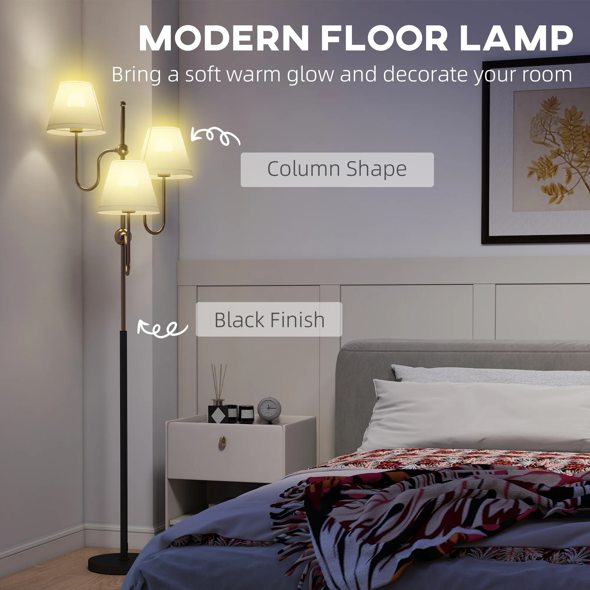 HOMCOM 3-Light Floor Lamp, 165 cm Tall Standing Lamp with Foot Switch - Image 3