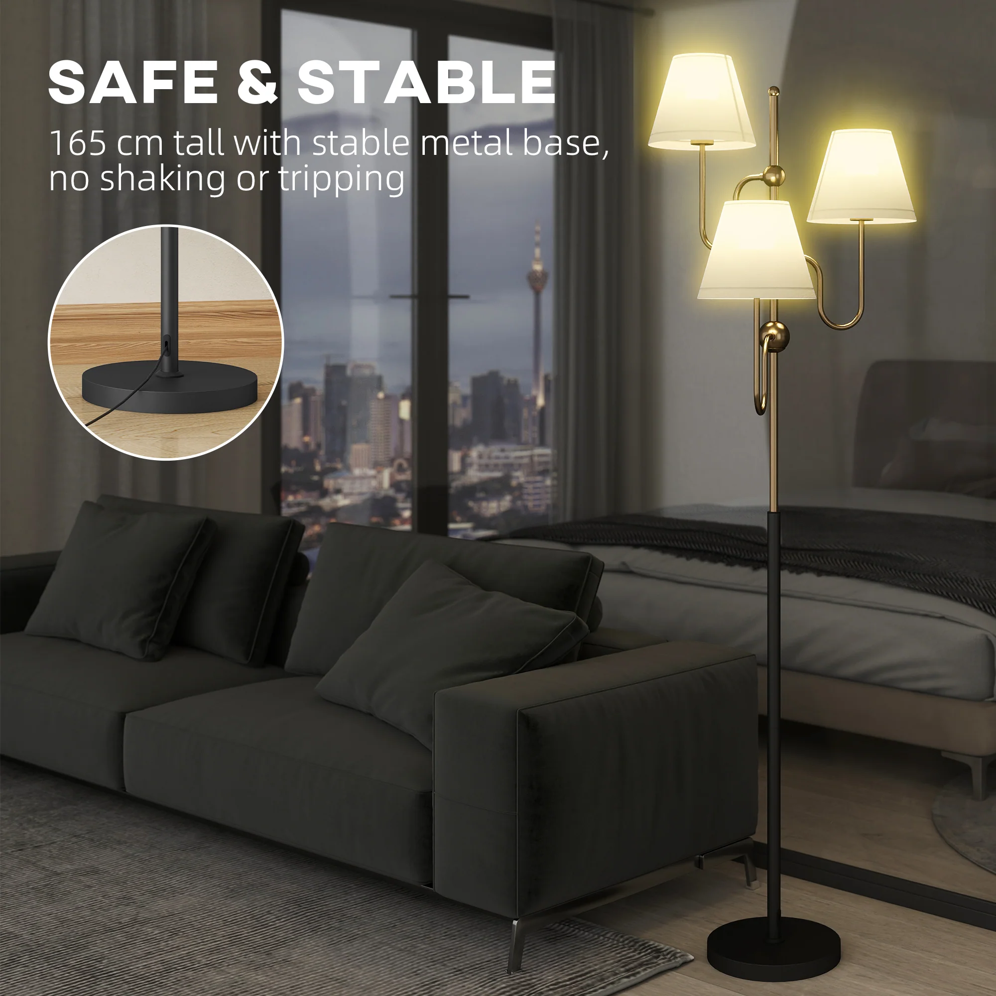 HOMCOM 3-Light Floor Lamp, 165 cm Tall Standing Lamp with Foot Switch - Image 4