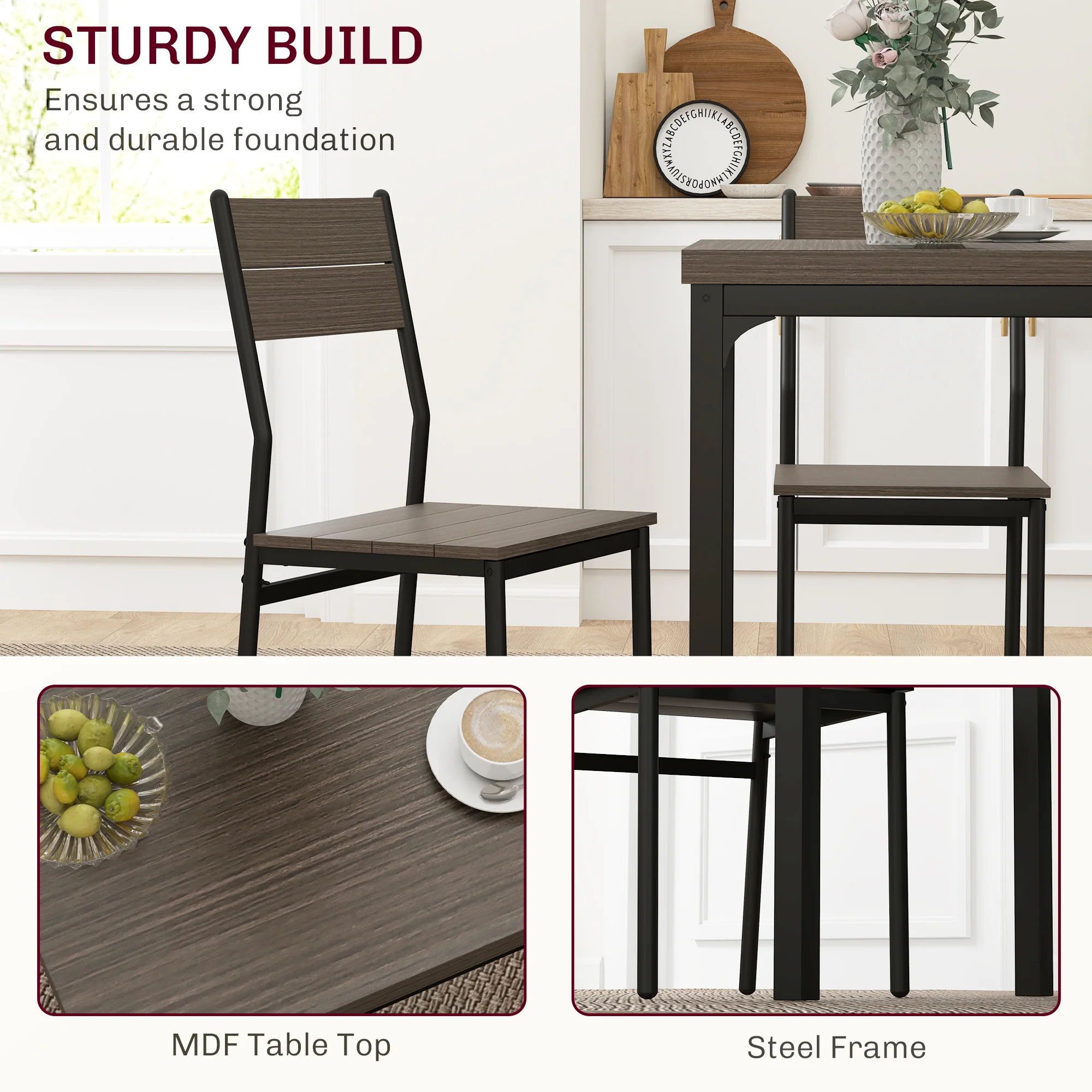 HOMCOM 3 Pcs Compact Dining Table 2 Chairs Set Grey Wood Grain - Image 4