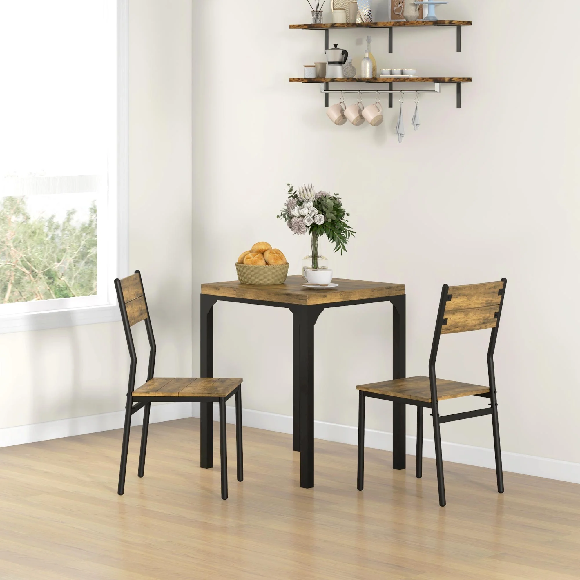 HOMCOM 3 Pcs Compact Dining Table 2 Chairs Set Rustic Brown - Image 2