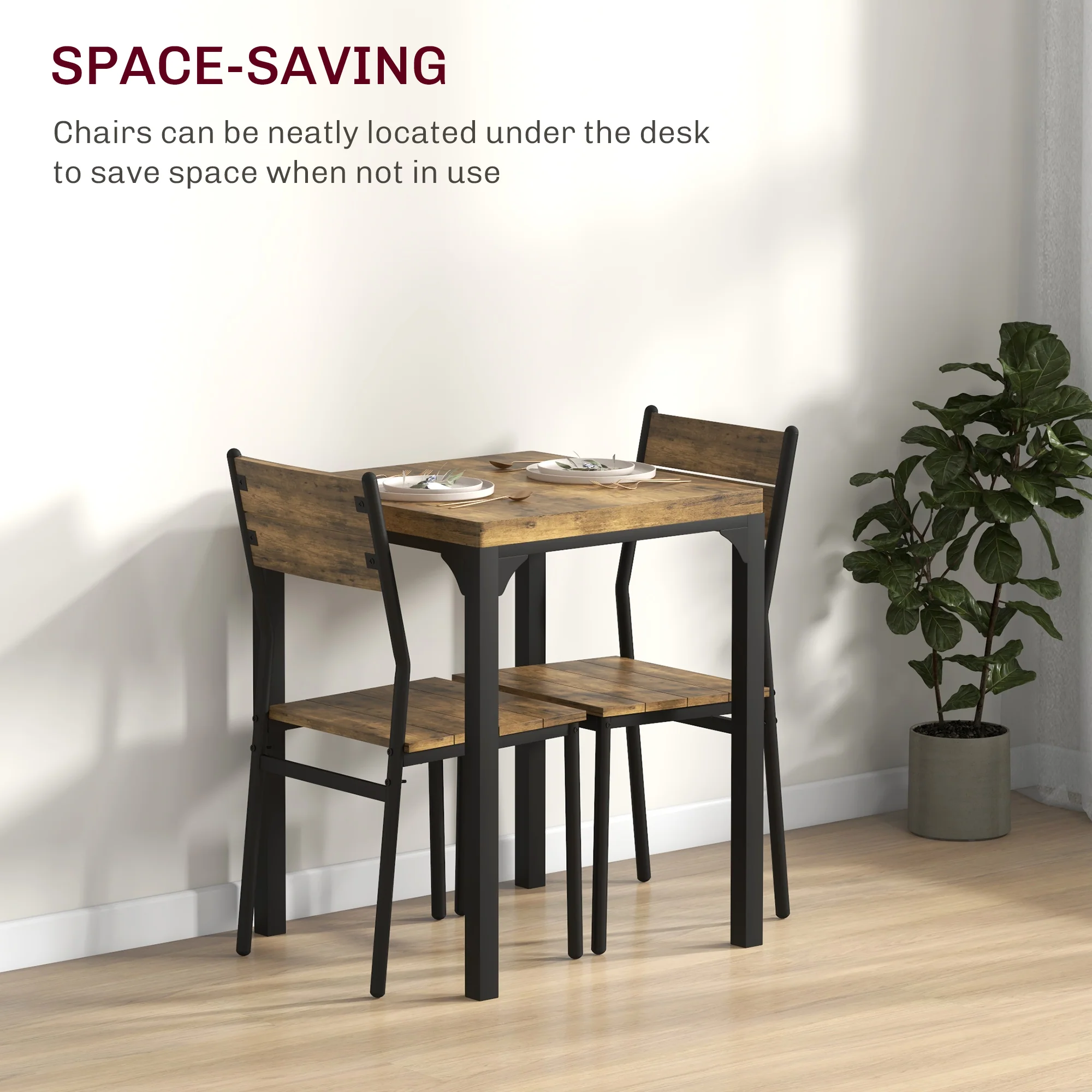 HOMCOM 3 Pcs Compact Dining Table 2 Chairs Set Rustic Brown - Image 3