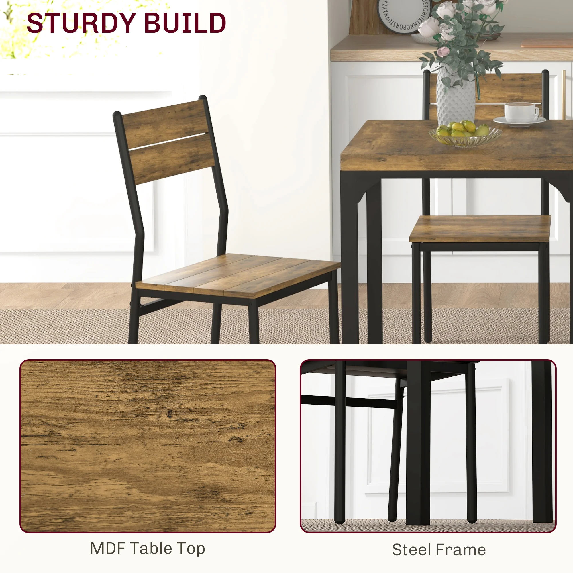 HOMCOM 3 Pcs Compact Dining Table 2 Chairs Set Rustic Brown - Image 4
