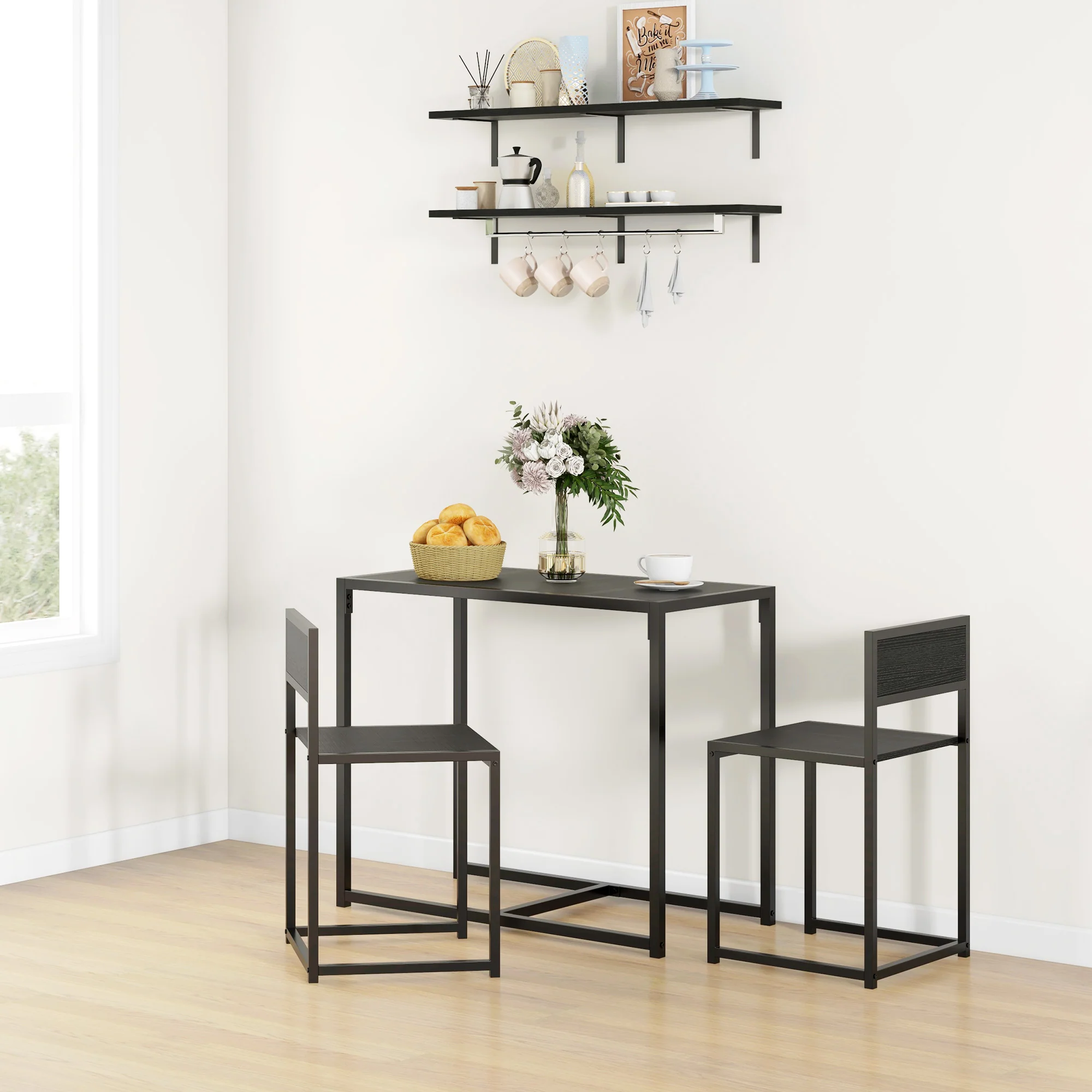 HOMCOM 3 Piece Dining Table Set With Metal Frame, Black - Image 2