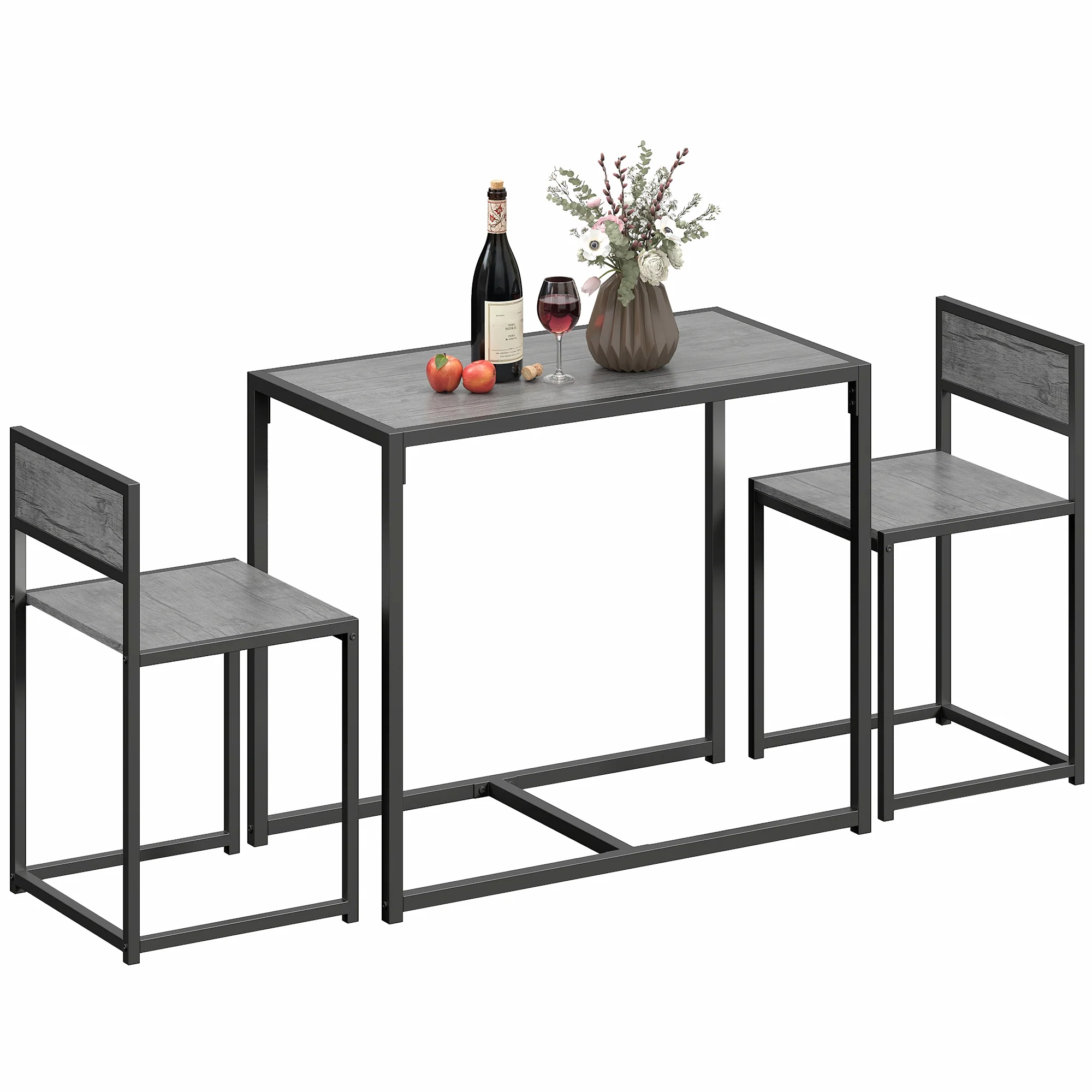 HOMCOM 3 Piece Dining Table Set With Metal Frame Charcoal Grey Wood-Effect