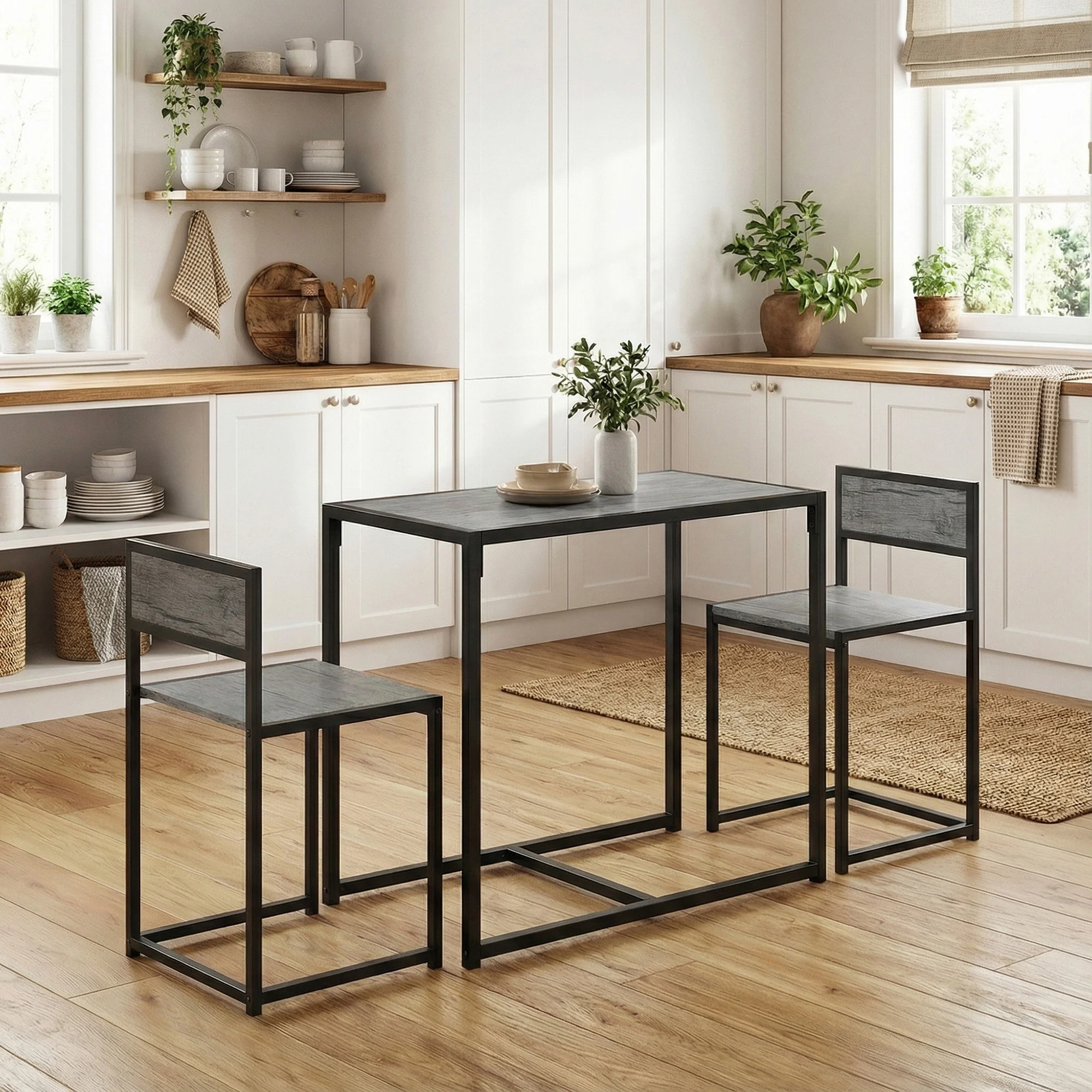 HOMCOM 3 Piece Dining Table Set With Metal Frame Charcoal Grey Wood-Effect - Image 2