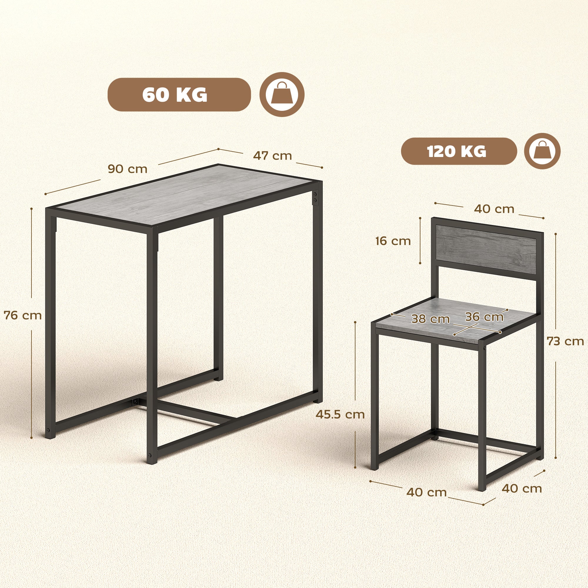 HOMCOM 3 Piece Dining Table Set With Metal Frame Charcoal Grey Wood-Effect - Image 3