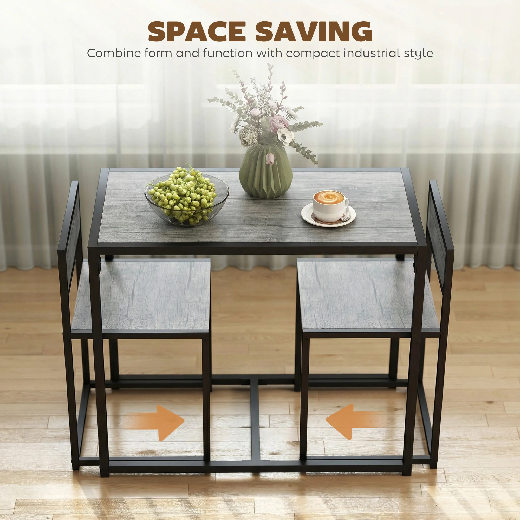 HOMCOM 3 Piece Dining Table Set With Metal Frame Charcoal Grey Wood-Effect - Image 4