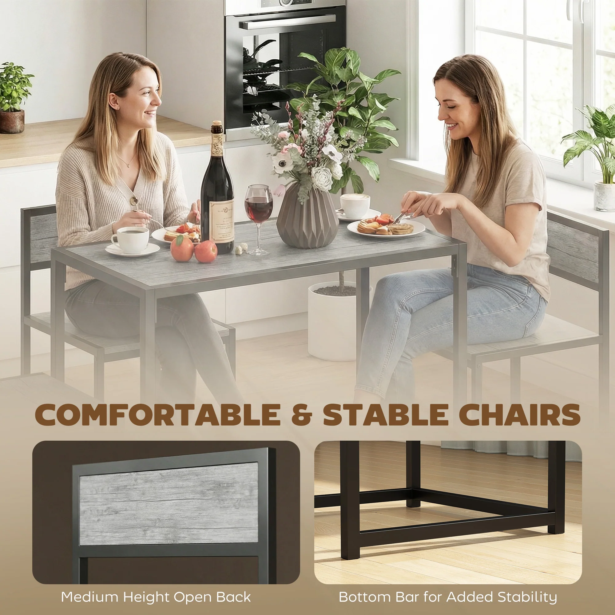 HOMCOM 3 Piece Dining Table Set With Metal Frame Charcoal Grey Wood-Effect - Image 6