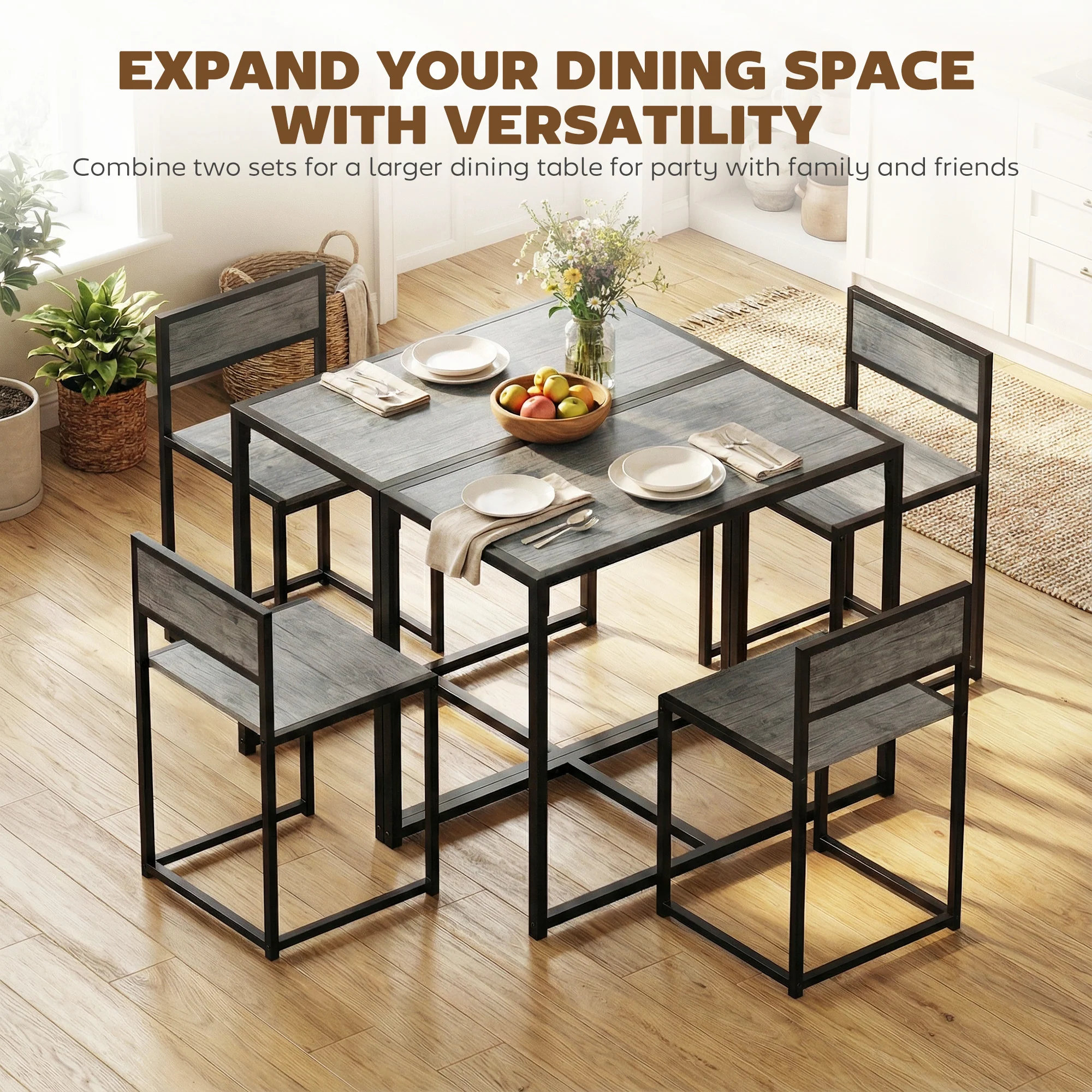 HOMCOM 3 Piece Dining Table Set With Metal Frame Charcoal Grey Wood-Effect - Image 7