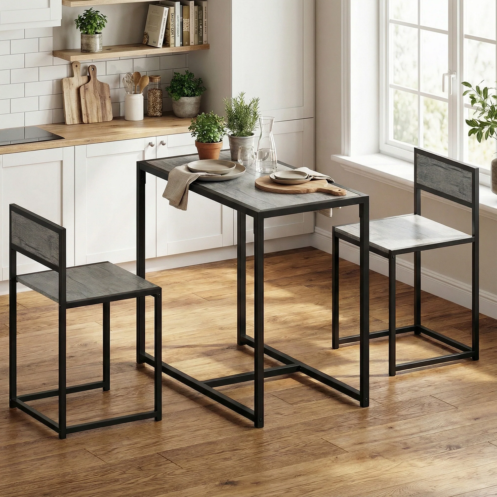 HOMCOM 3 Piece Dining Table Set With Metal Frame Charcoal Grey Wood-Effect - Image 8