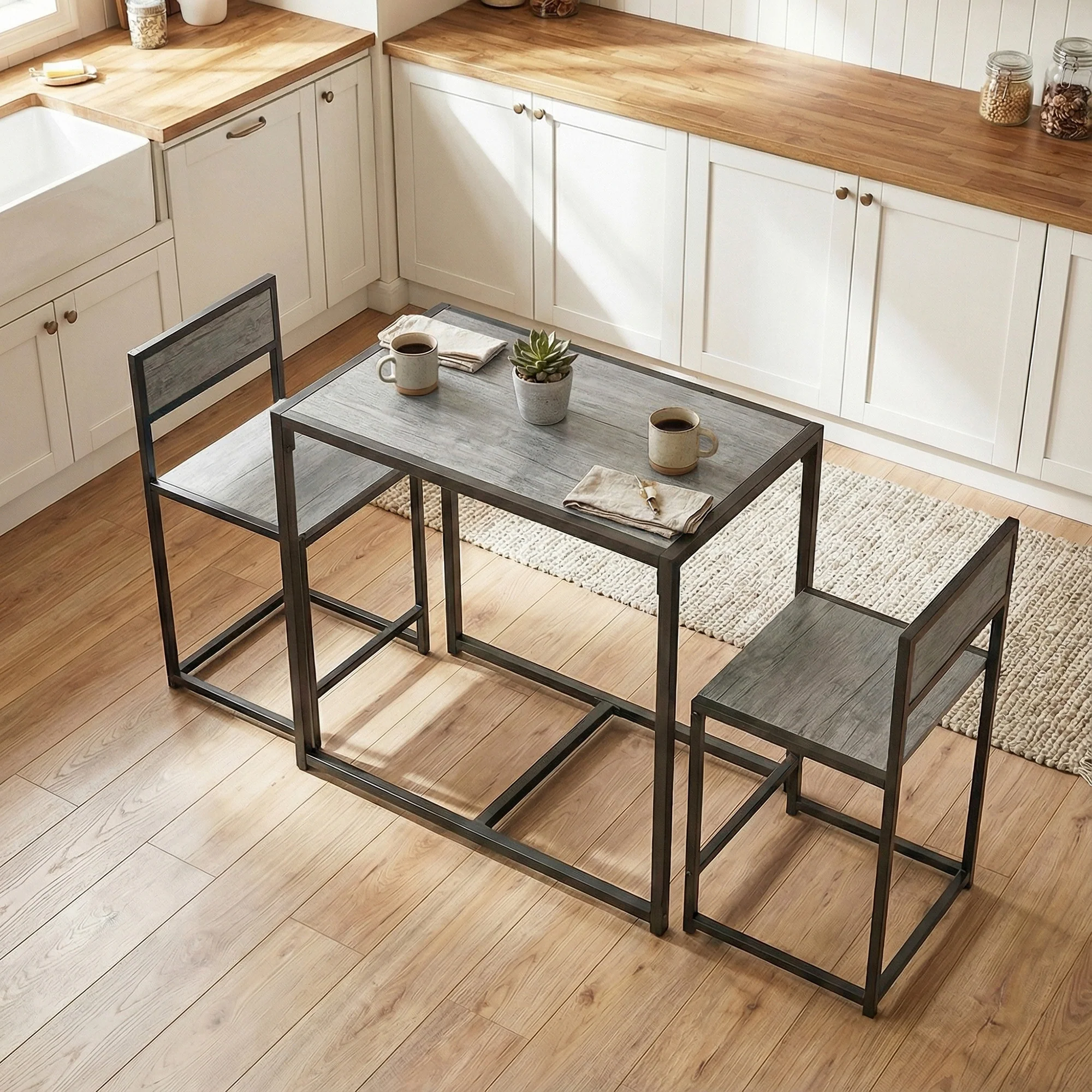 HOMCOM 3 Piece Dining Table Set With Metal Frame Charcoal Grey Wood-Effect - Image 9