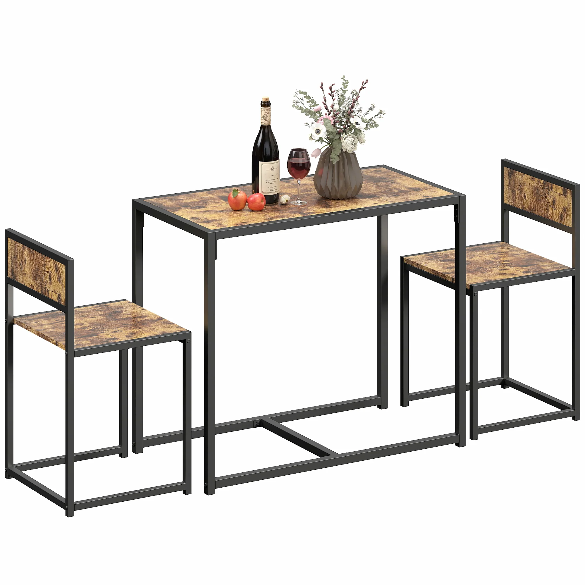 HOMCOM 3 Piece Dining Table Set With Metal Frame Rustic Brown