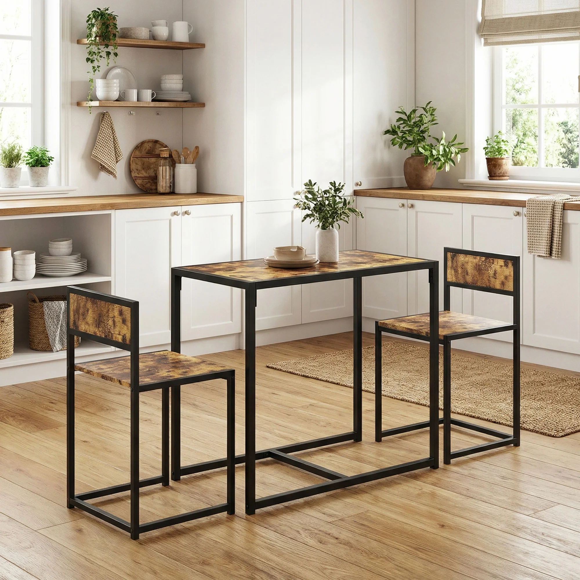 HOMCOM 3 Piece Dining Table Set With Metal Frame Rustic Brown - Image 2