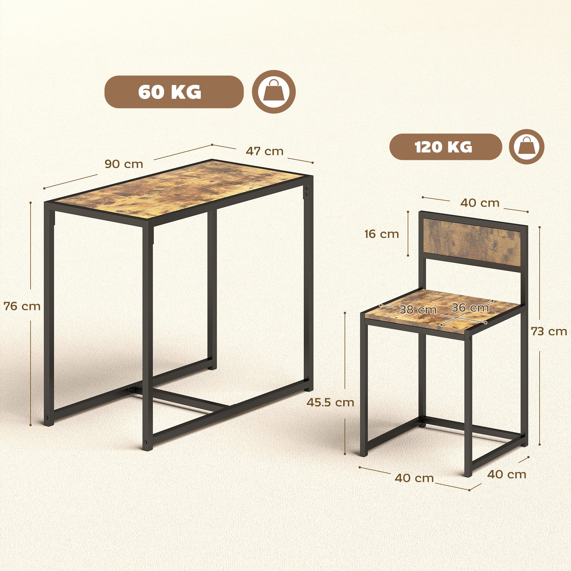 HOMCOM 3 Piece Dining Table Set With Metal Frame Rustic Brown - Image 3