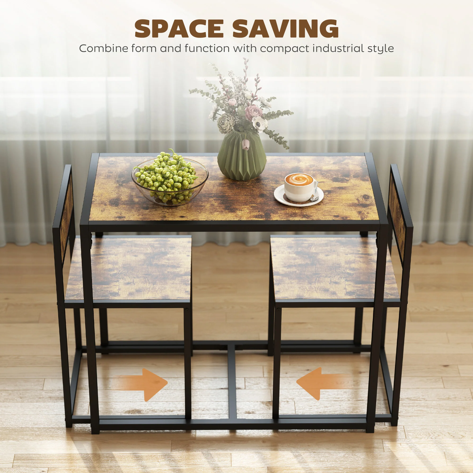 HOMCOM 3 Piece Dining Table Set With Metal Frame Rustic Brown - Image 4