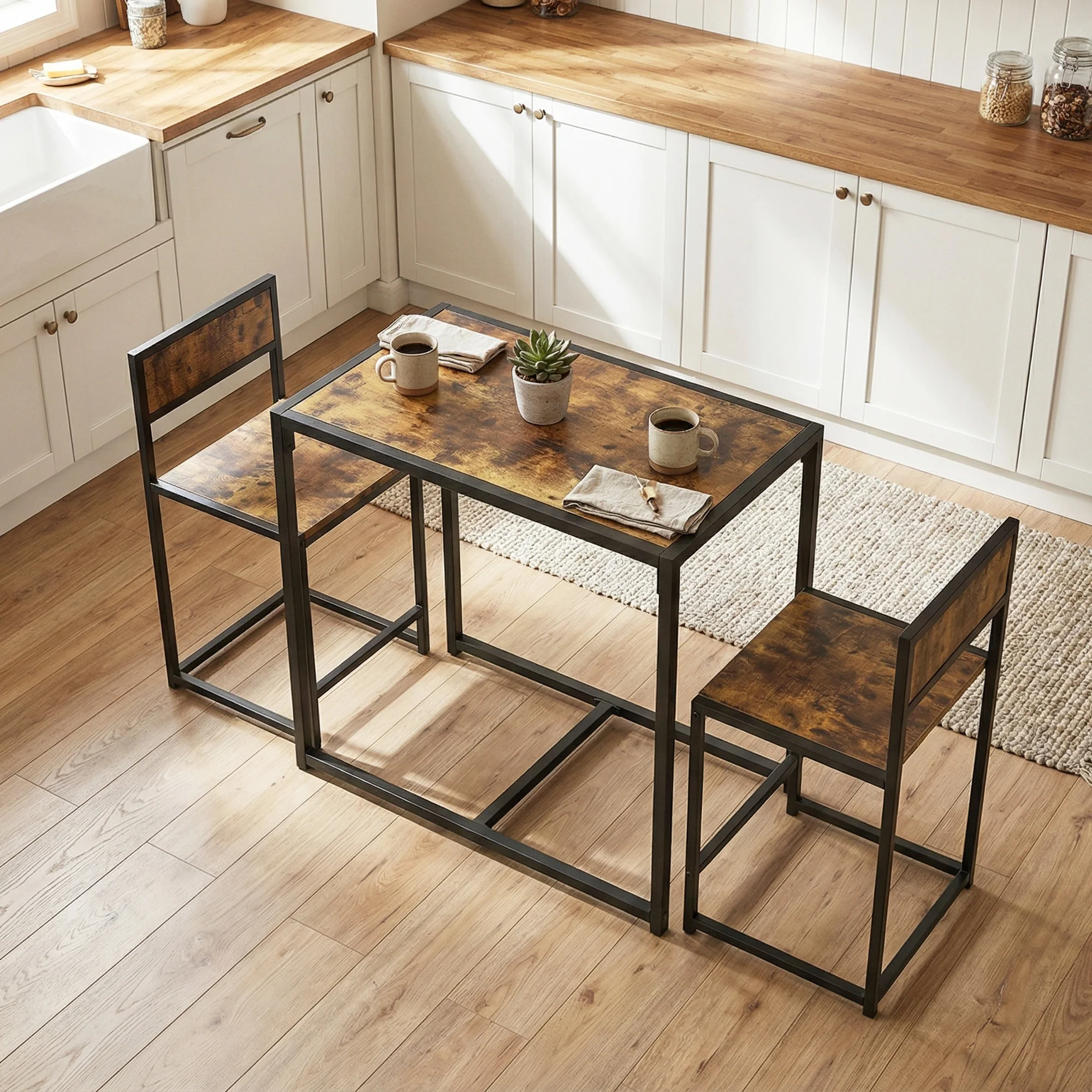 HOMCOM 3 Piece Dining Table Set With Metal Frame Rustic Brown - Image 9