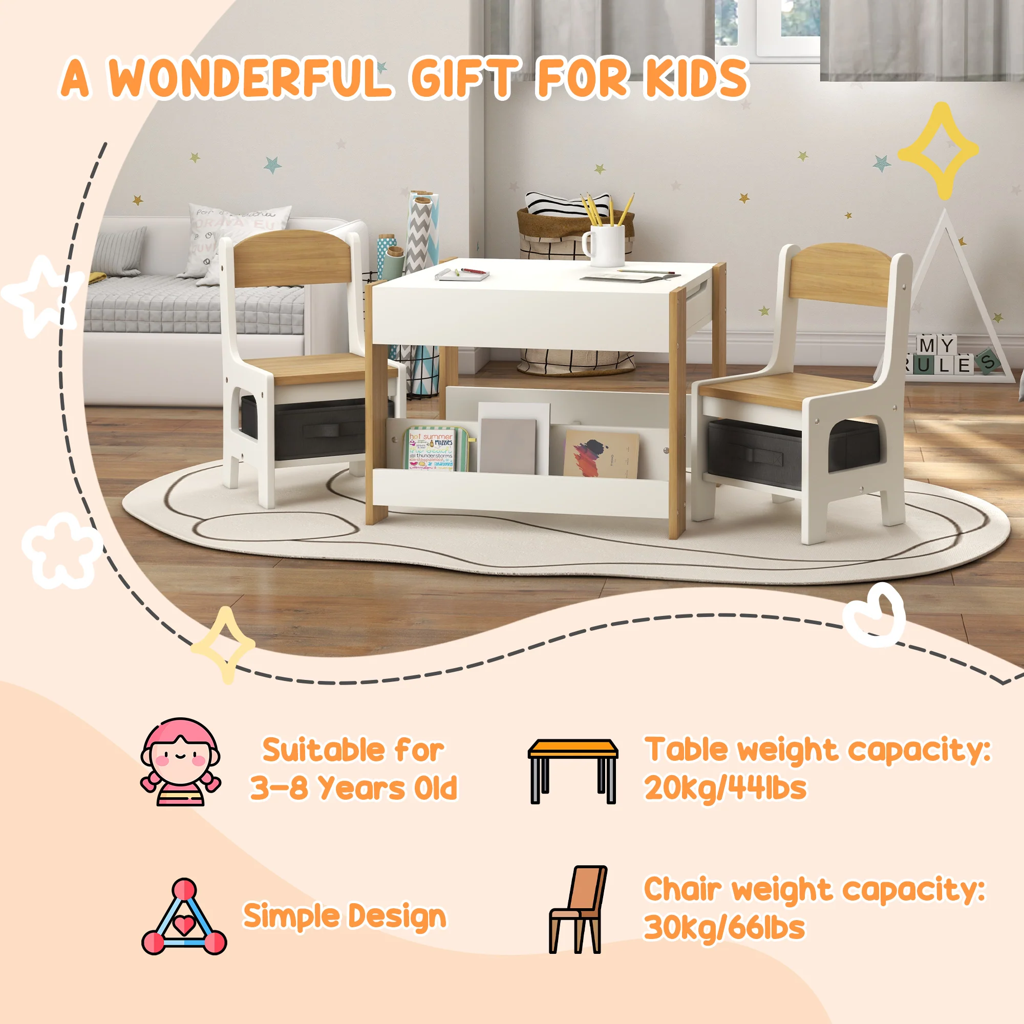 HOMCOM 3-Piece Kids Table and Chair Set for Nursery, Playroom, Classroom - Image 4