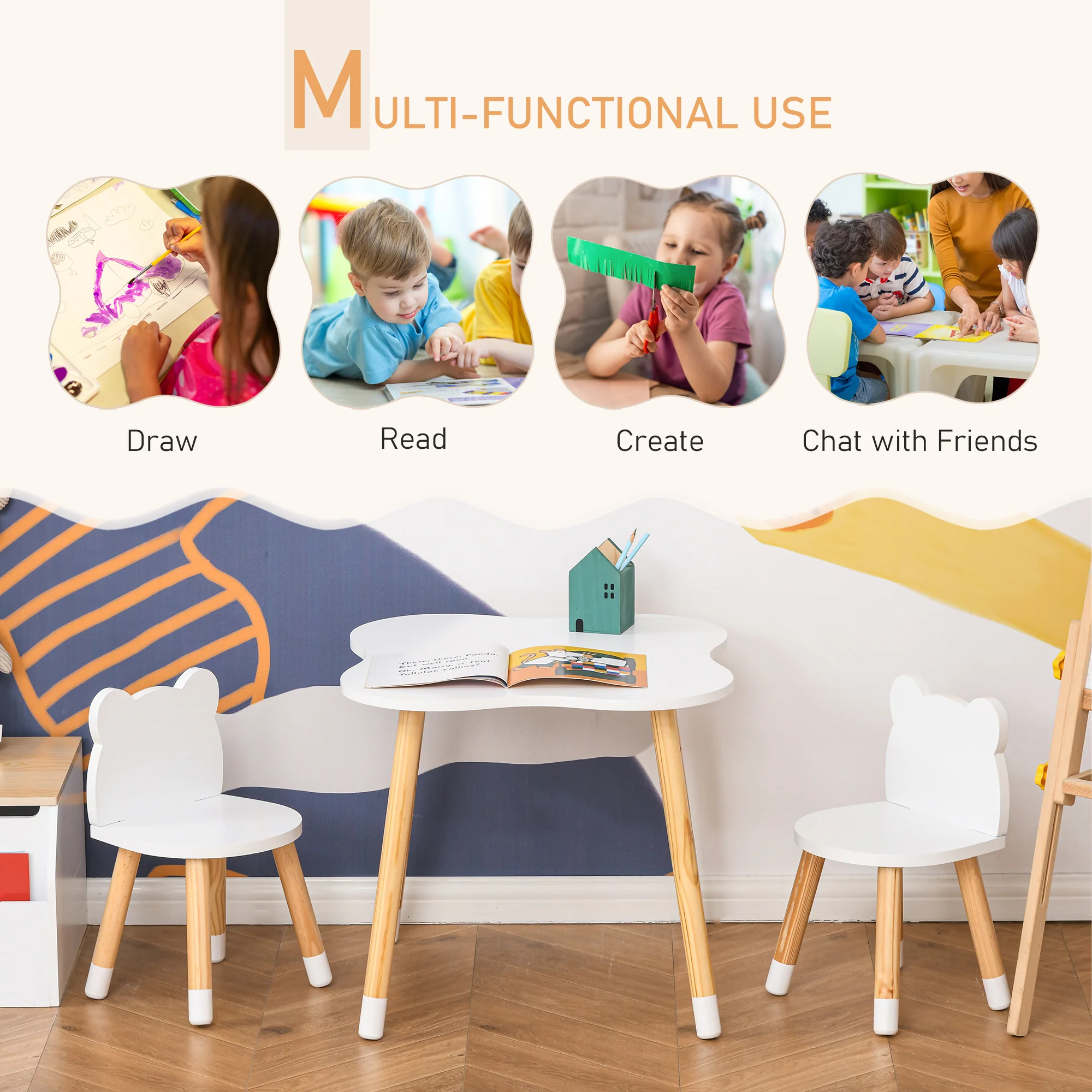 HOMCOM 3 Piece Kids Table And Chair Set With 2 Bear-shaped Chairs, White - Image 3