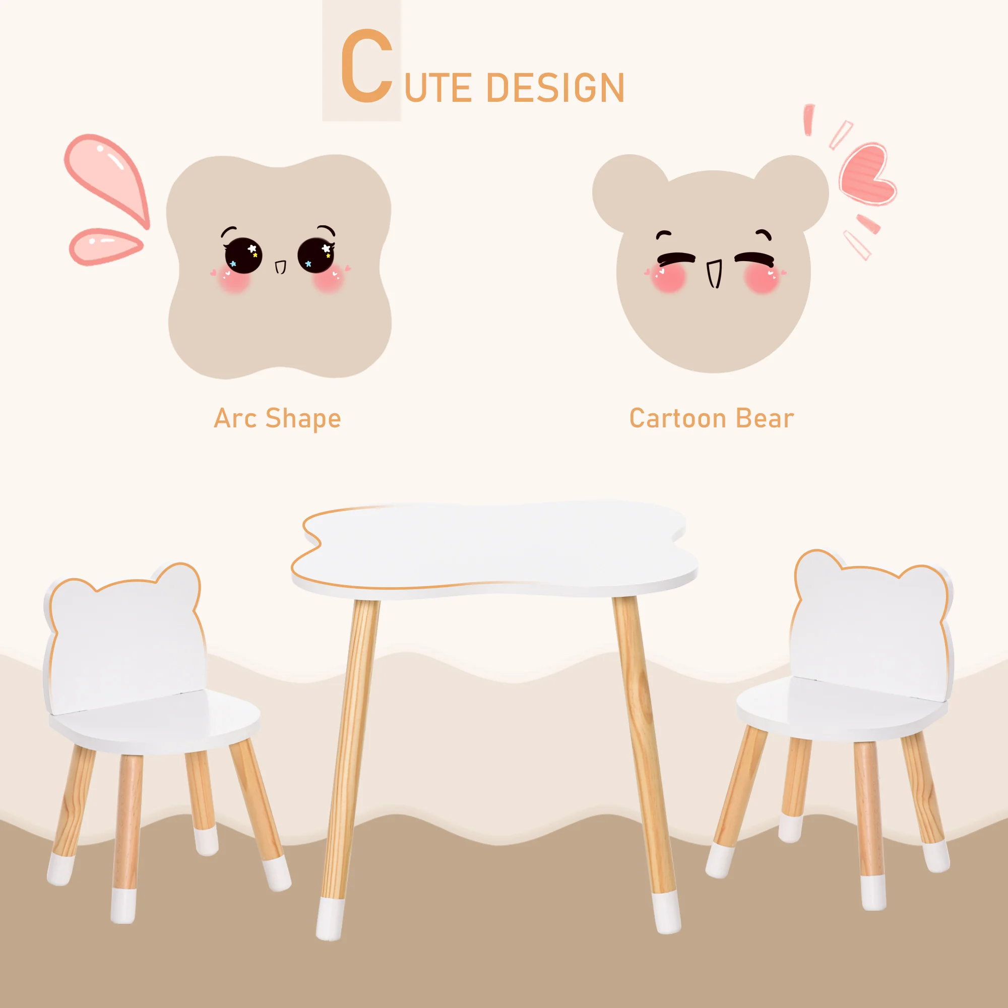 HOMCOM 3 Piece Kids Table And Chair Set With 2 Bear-shaped Chairs, White - Image 4