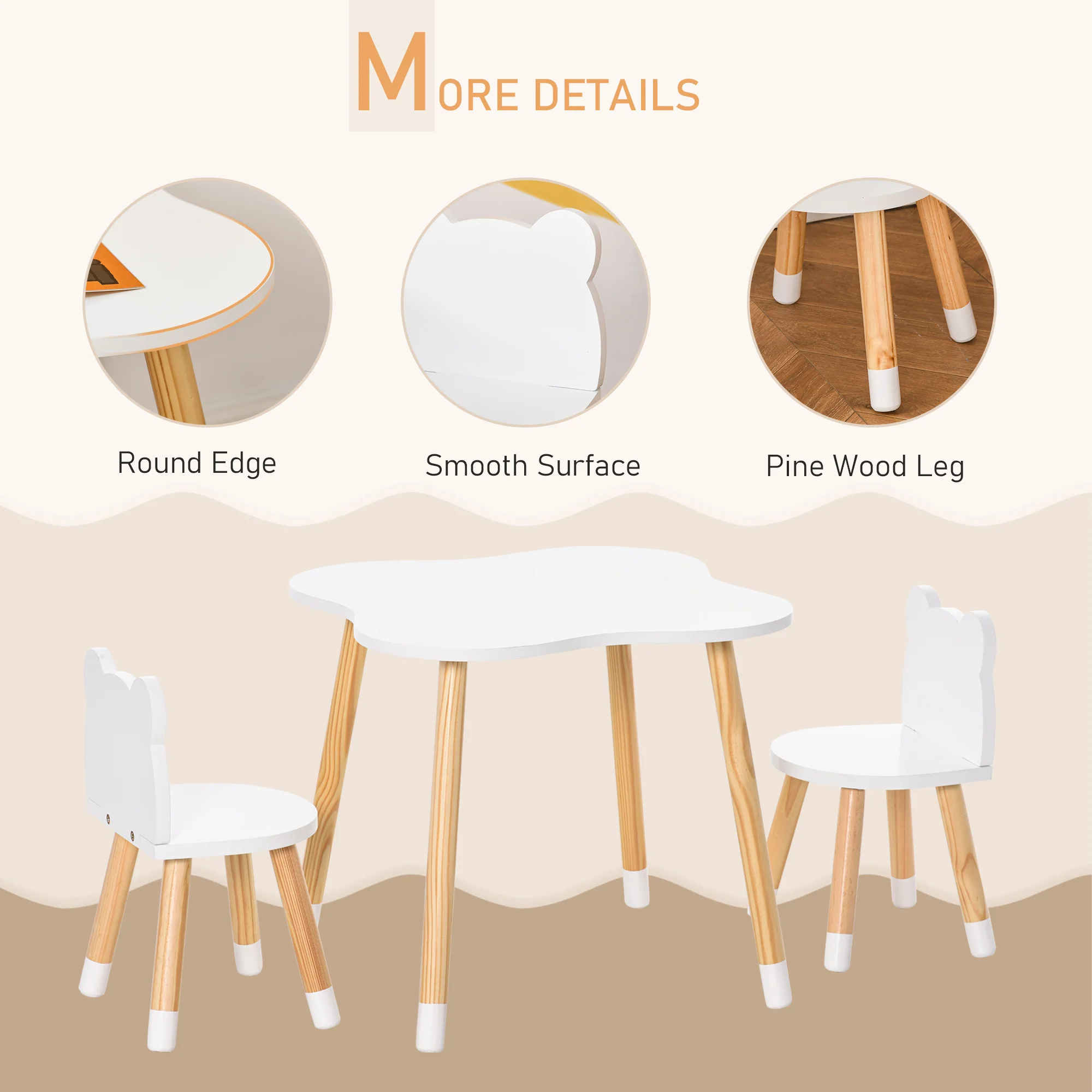 HOMCOM 3 Piece Kids Table And Chair Set With 2 Bear-shaped Chairs, White - Image 6