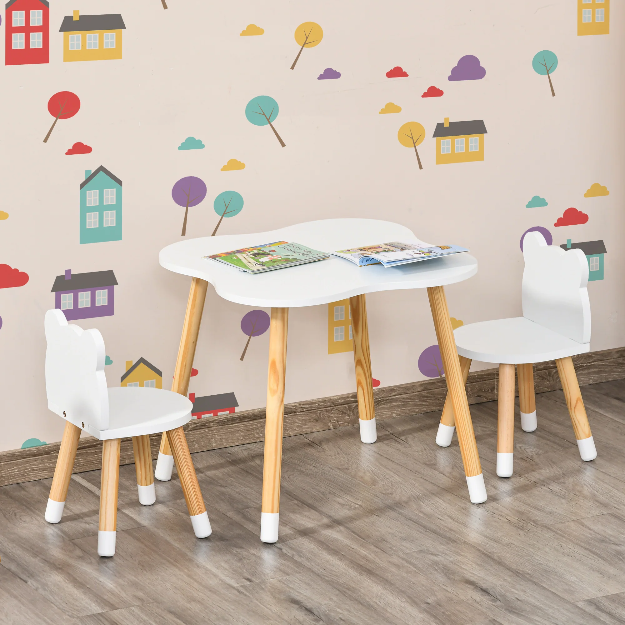 HOMCOM 3 Piece Kids Table And Chair Set With 2 Bear-shaped Chairs, White - Image 8