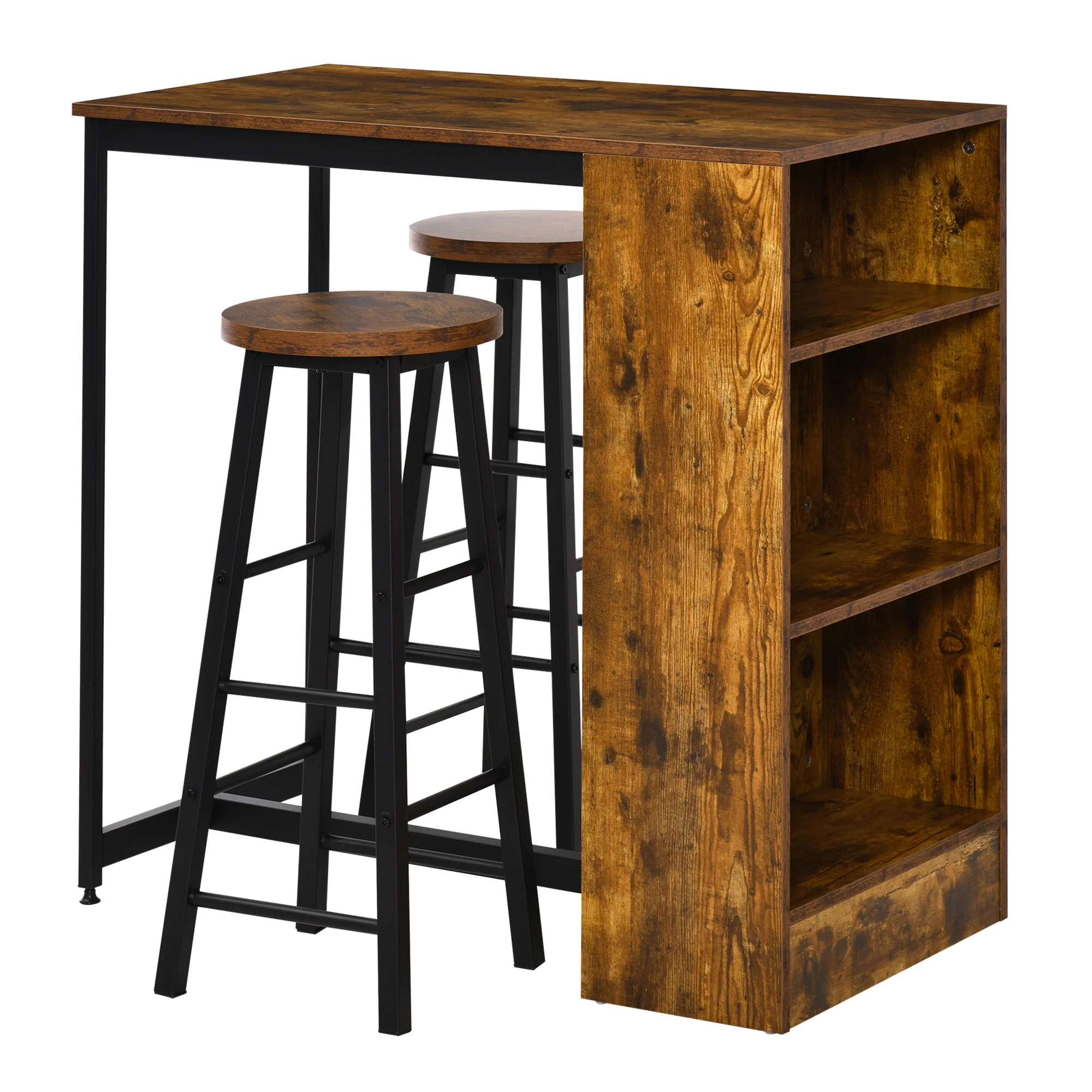 HOMCOM 3 Pieces Bar Table Set Height Table 2 Stools W/ Storage Shelf, Footrest