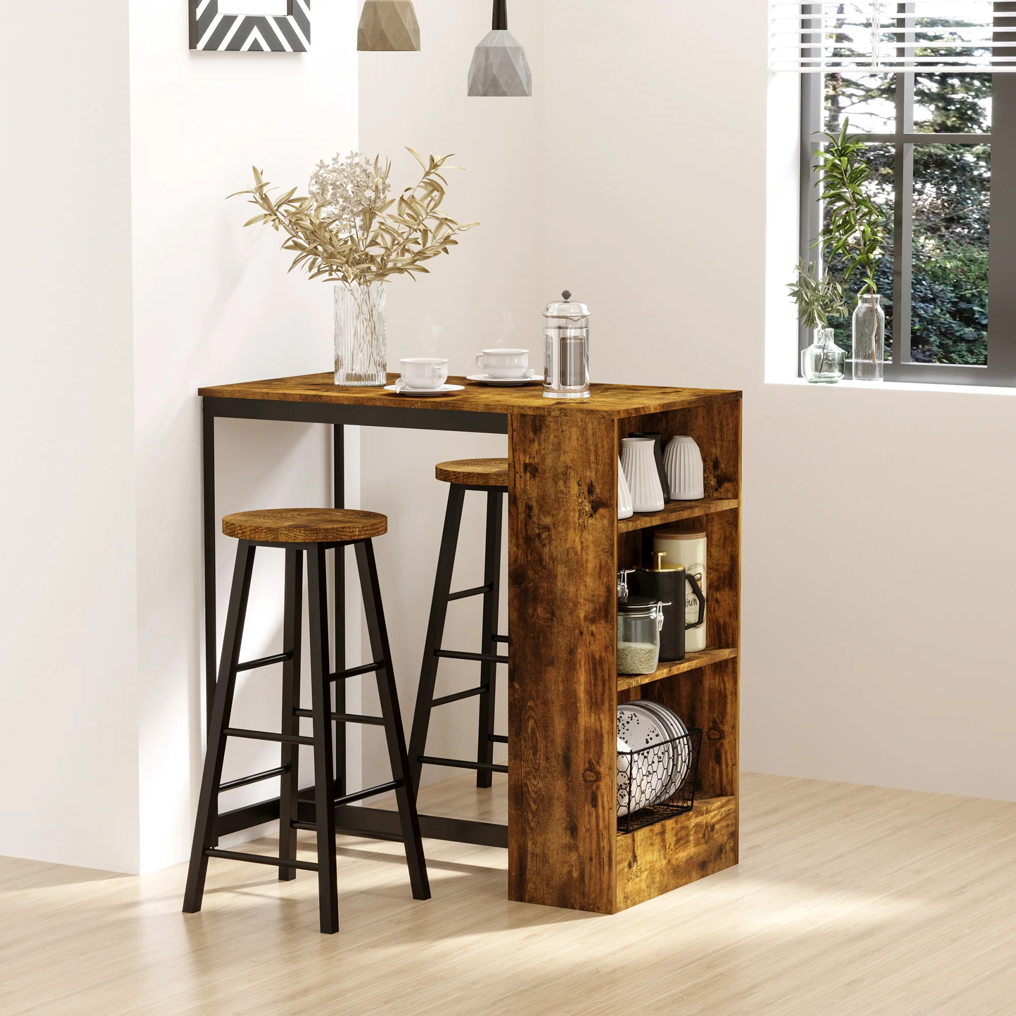 HOMCOM 3 Pieces Bar Table Set Height Table 2 Stools W/ Storage Shelf, Footrest - Image 2