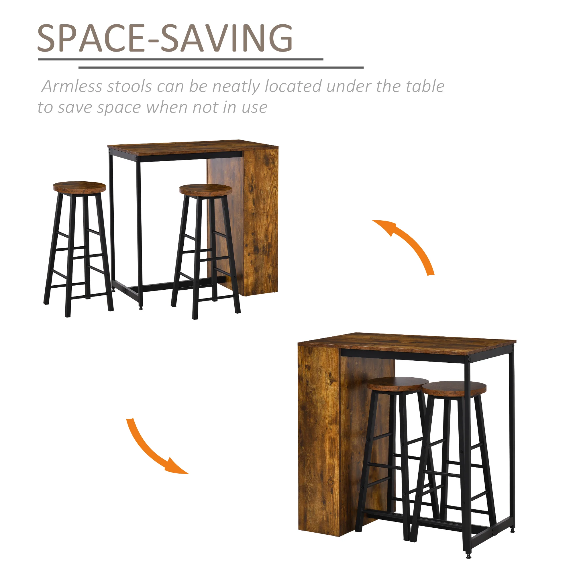 HOMCOM 3 Pieces Bar Table Set Height Table 2 Stools W/ Storage Shelf, Footrest - Image 3