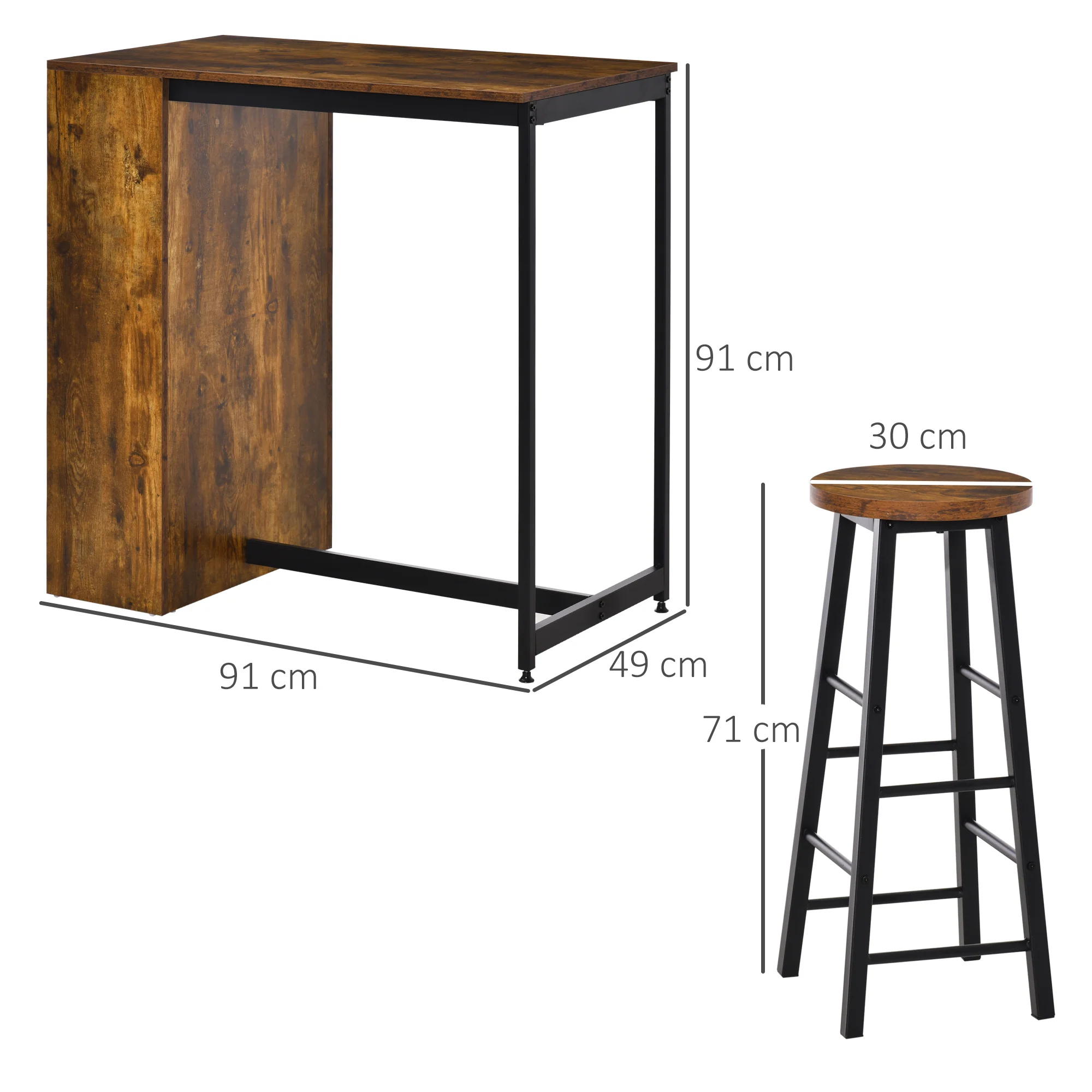 HOMCOM 3 Pieces Bar Table Set Height Table 2 Stools W/ Storage Shelf, Footrest - Image 5