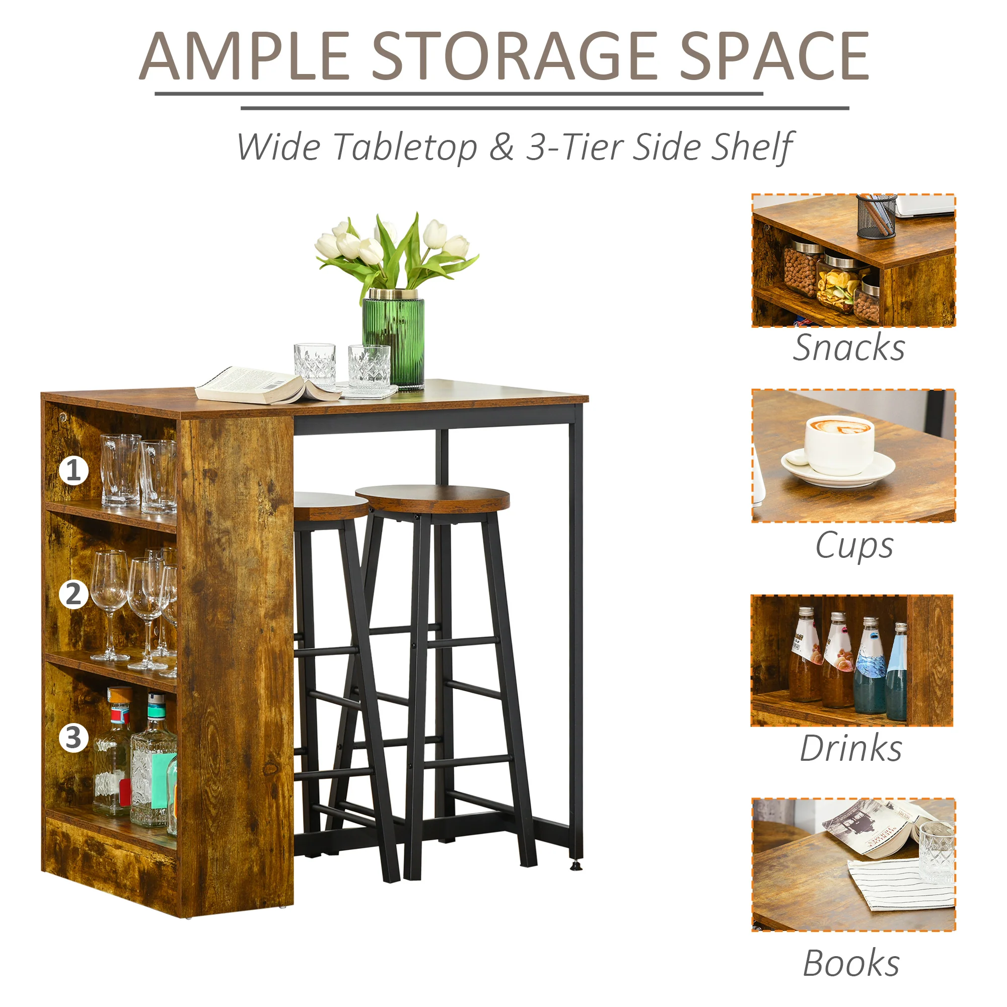 HOMCOM 3 Pieces Bar Table Set Height Table 2 Stools W/ Storage Shelf, Footrest - Image 7