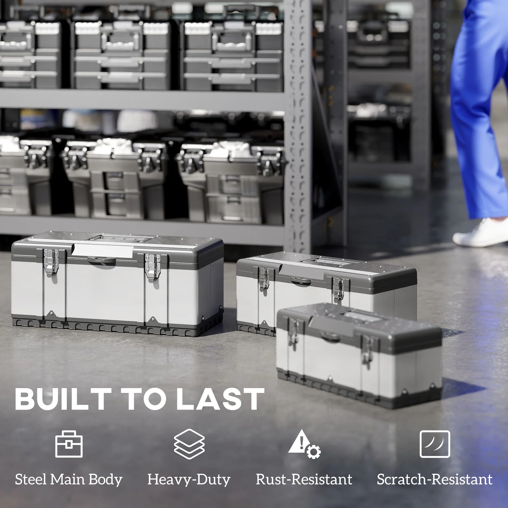 HOMCOM 3 Pieces Tool Case Set, 23\" 19\" 16\" Stainless Steel Tool Boxes - Image 4