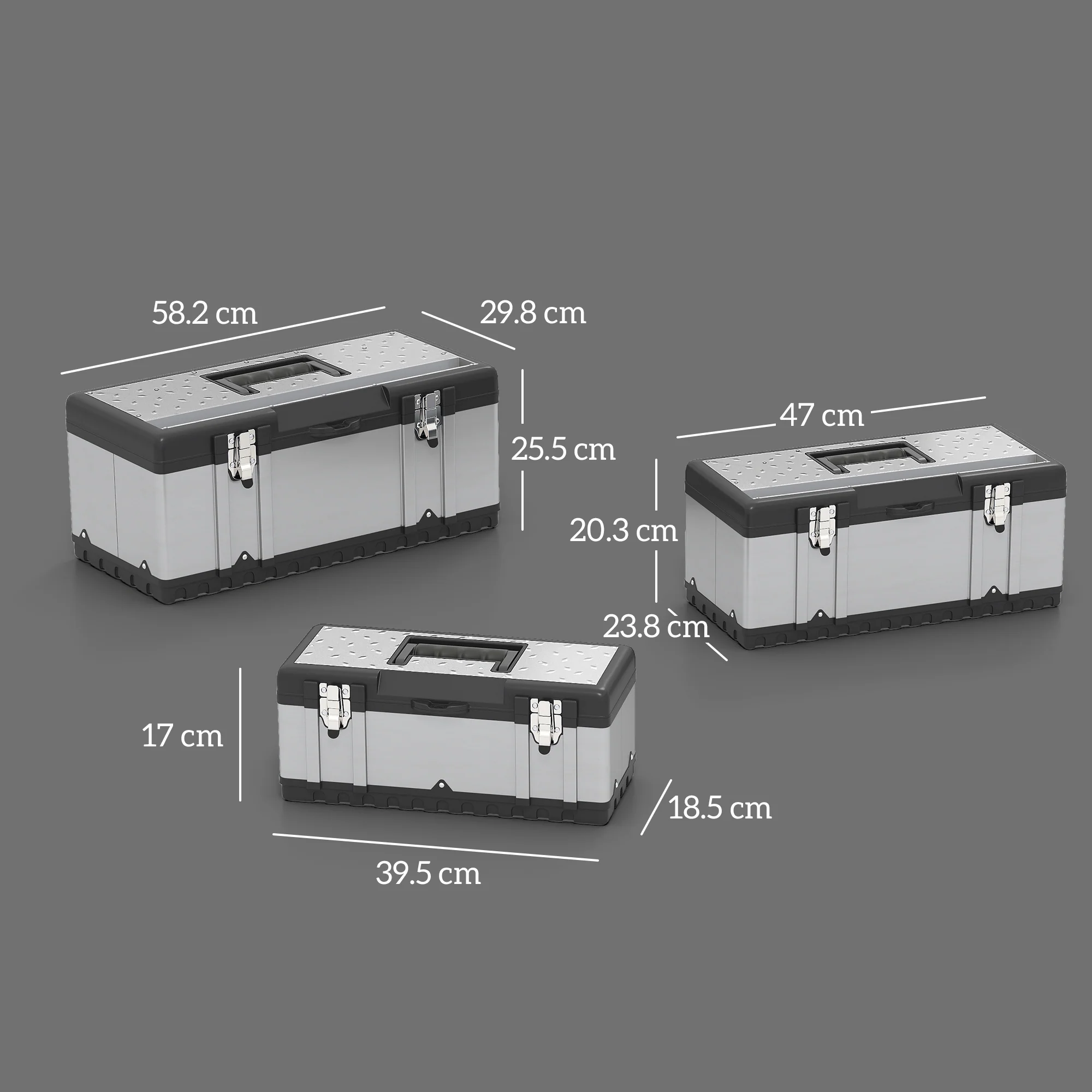 HOMCOM 3 Pieces Tool Case Set, 23\" 19\" 16\" Stainless Steel Tool Boxes - Image 5
