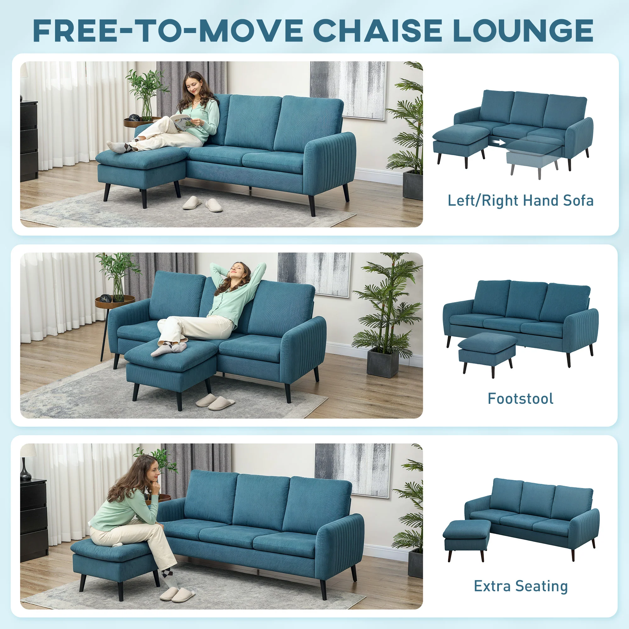 HOMCOM 3 Seater Corner Sofa Couch Settee with Chaise Lounge, Blue - Image 3