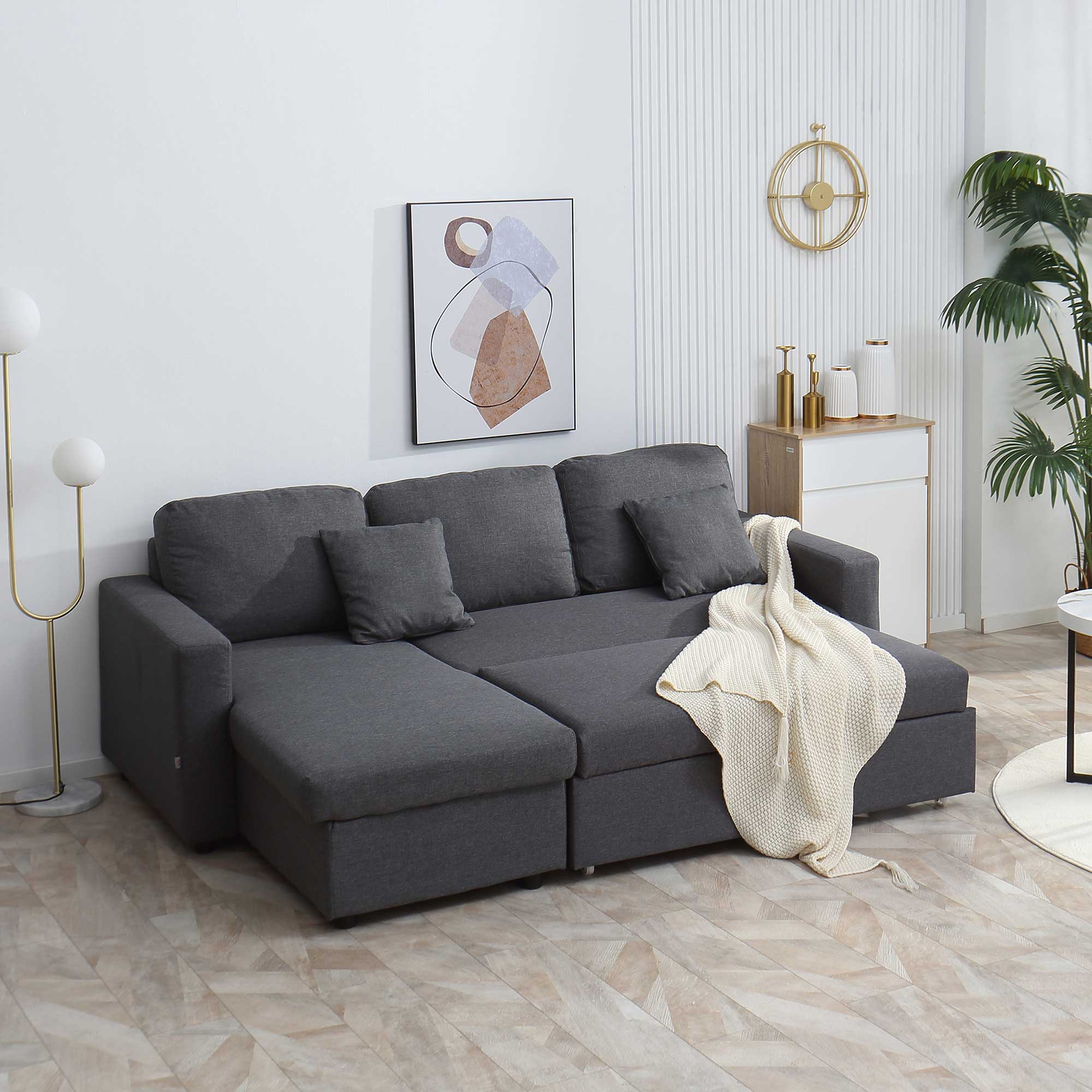 HOMCOM 3 Seater L Couches for Living Room with Storage Chaise Lounge Grey - Image 2