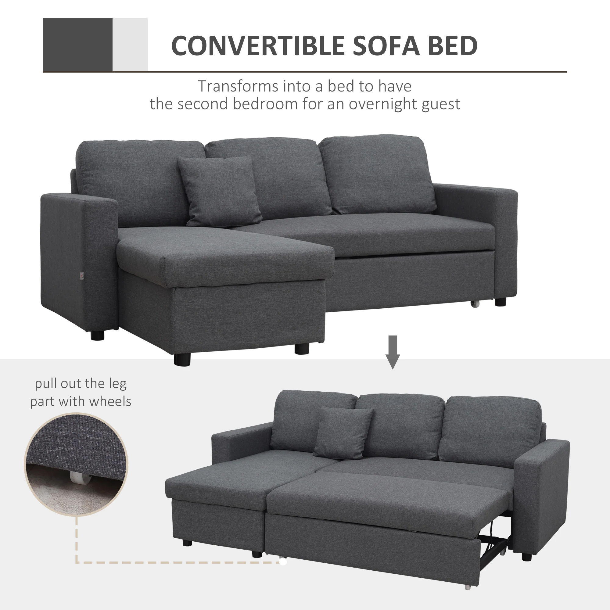 HOMCOM 3 Seater L Couches for Living Room with Storage Chaise Lounge Grey - Image 3