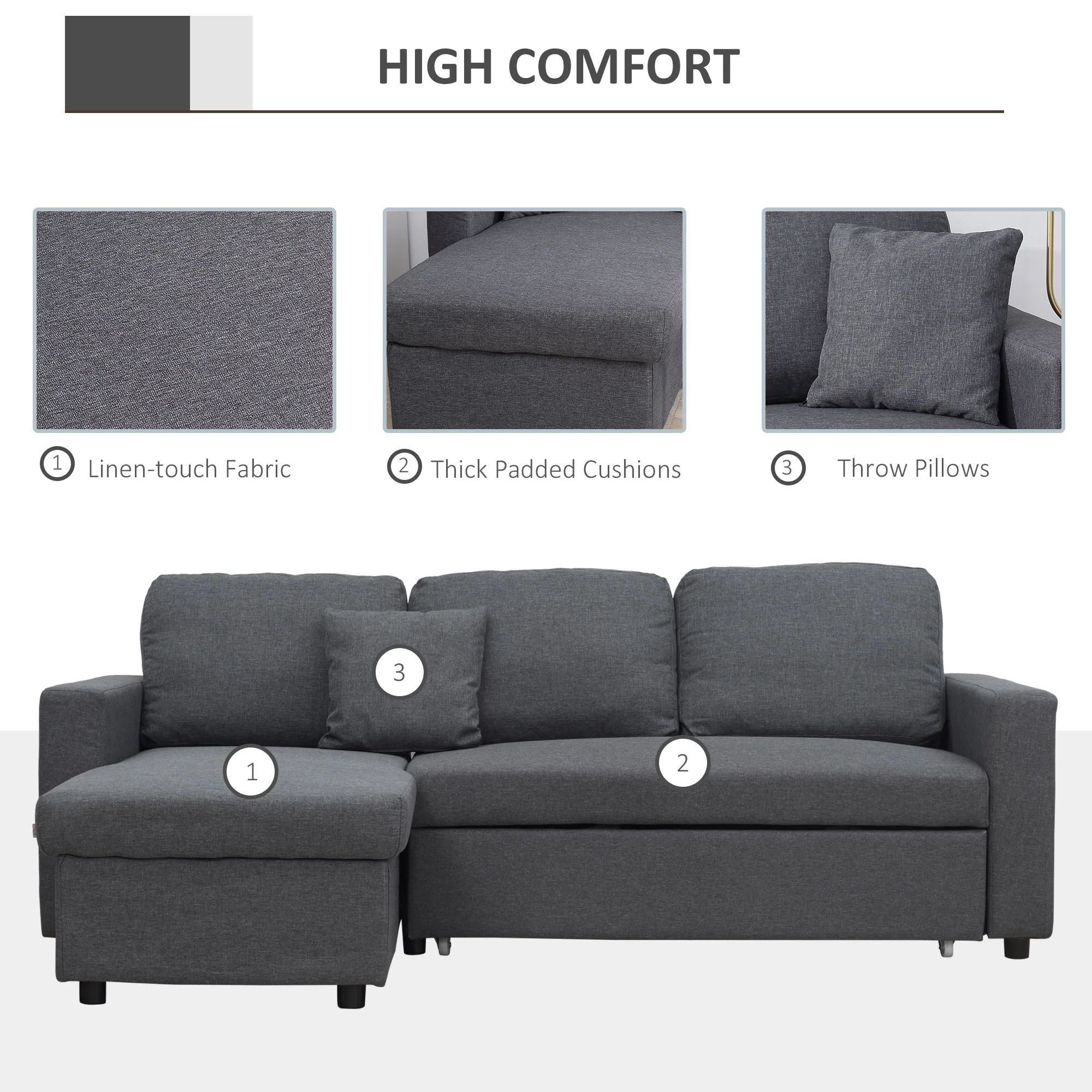 HOMCOM 3 Seater L Couches for Living Room with Storage Chaise Lounge Grey - Image 4