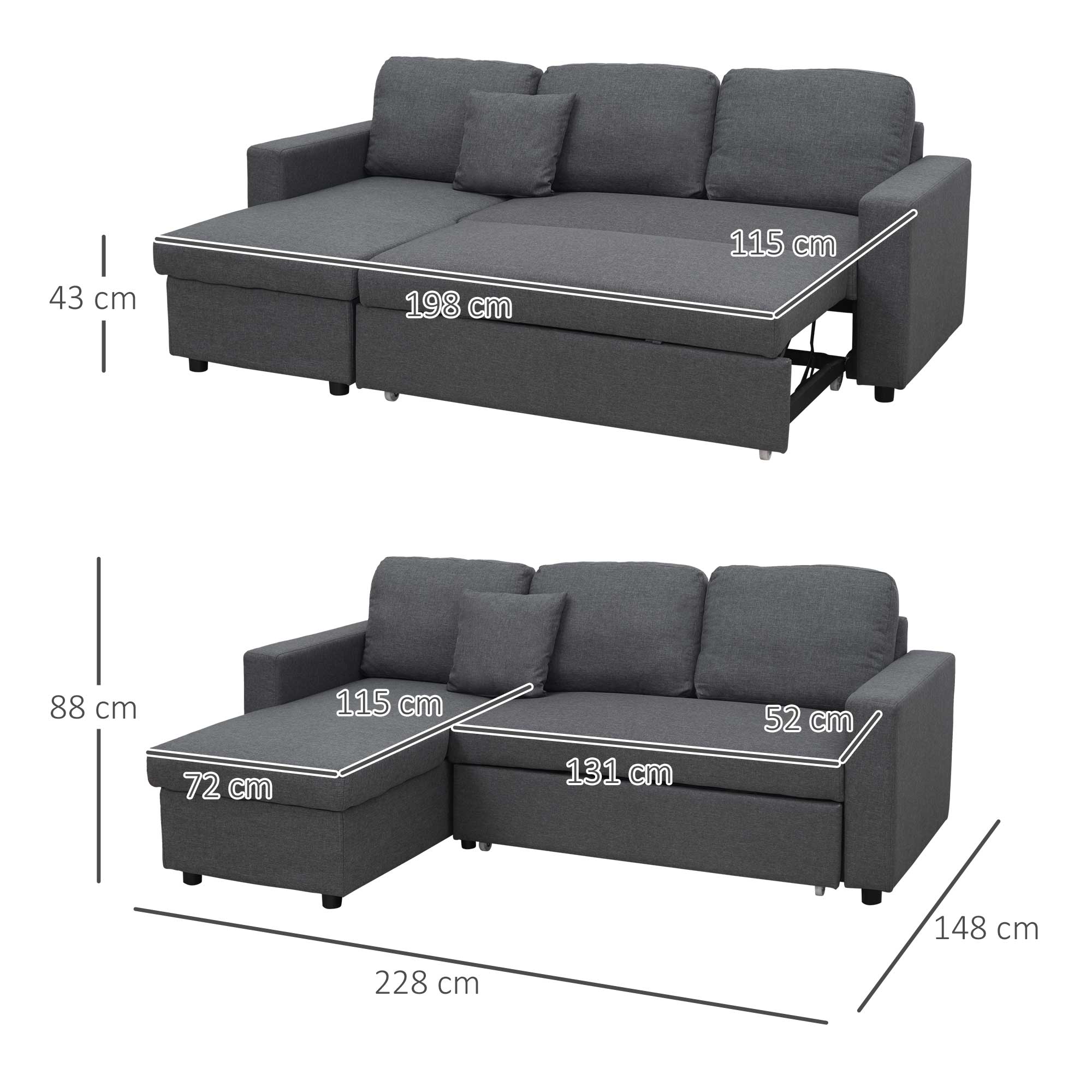 HOMCOM 3 Seater L Couches for Living Room with Storage Chaise Lounge Grey - Image 5