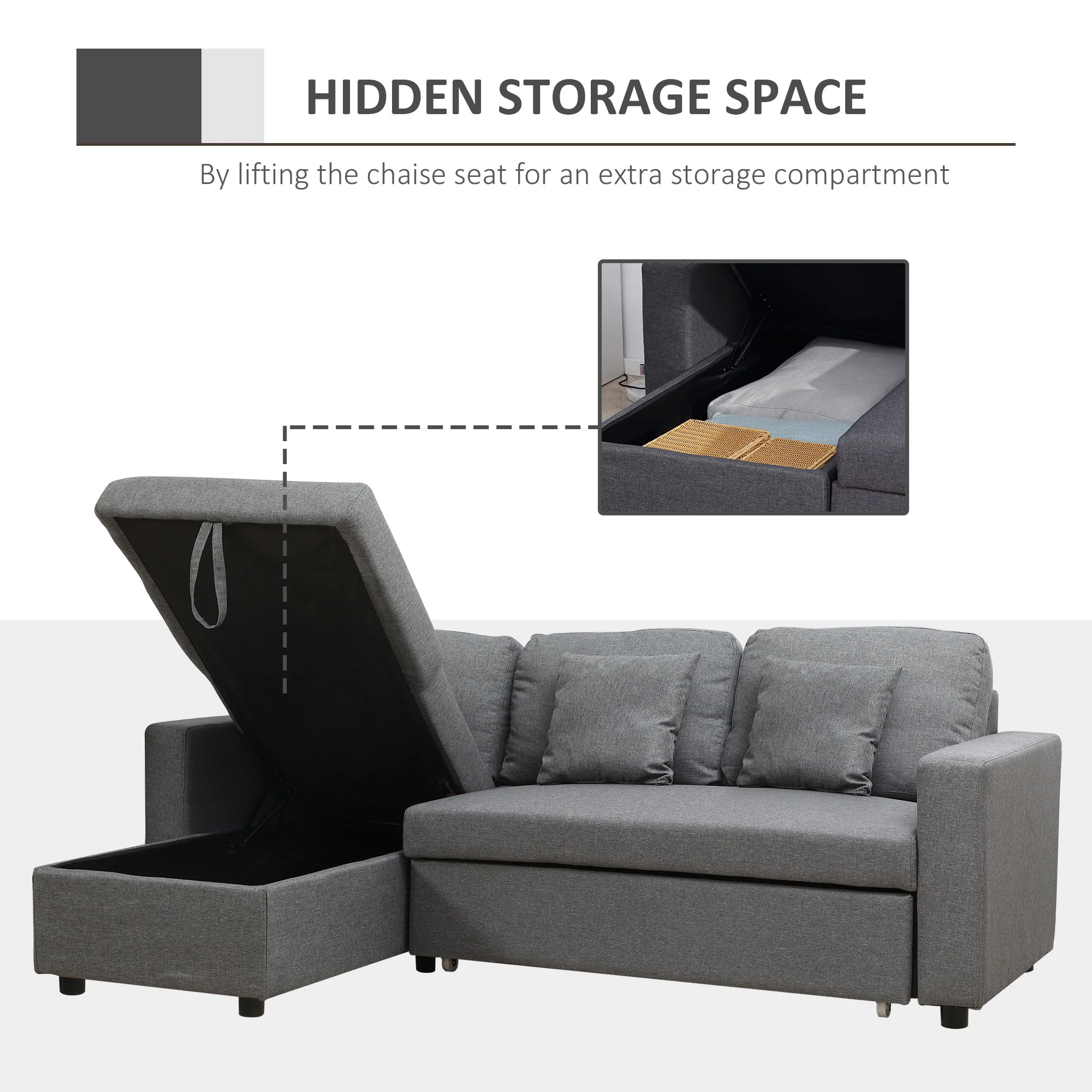 HOMCOM 3 Seater L Couches for Living Room with Storage Chaise Lounge Grey - Image 7