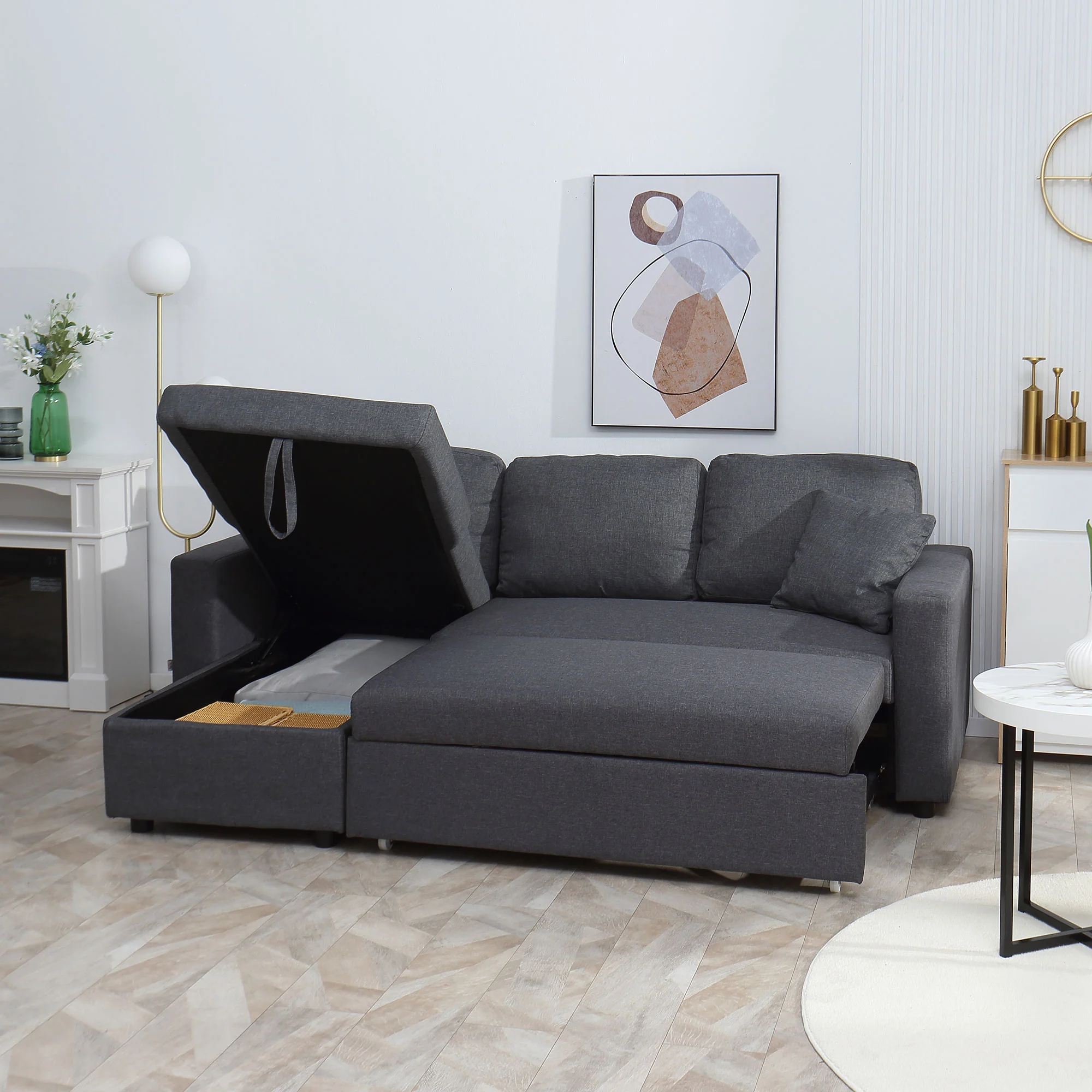 HOMCOM 3 Seater L Couches for Living Room with Storage Chaise Lounge Grey - Image 8