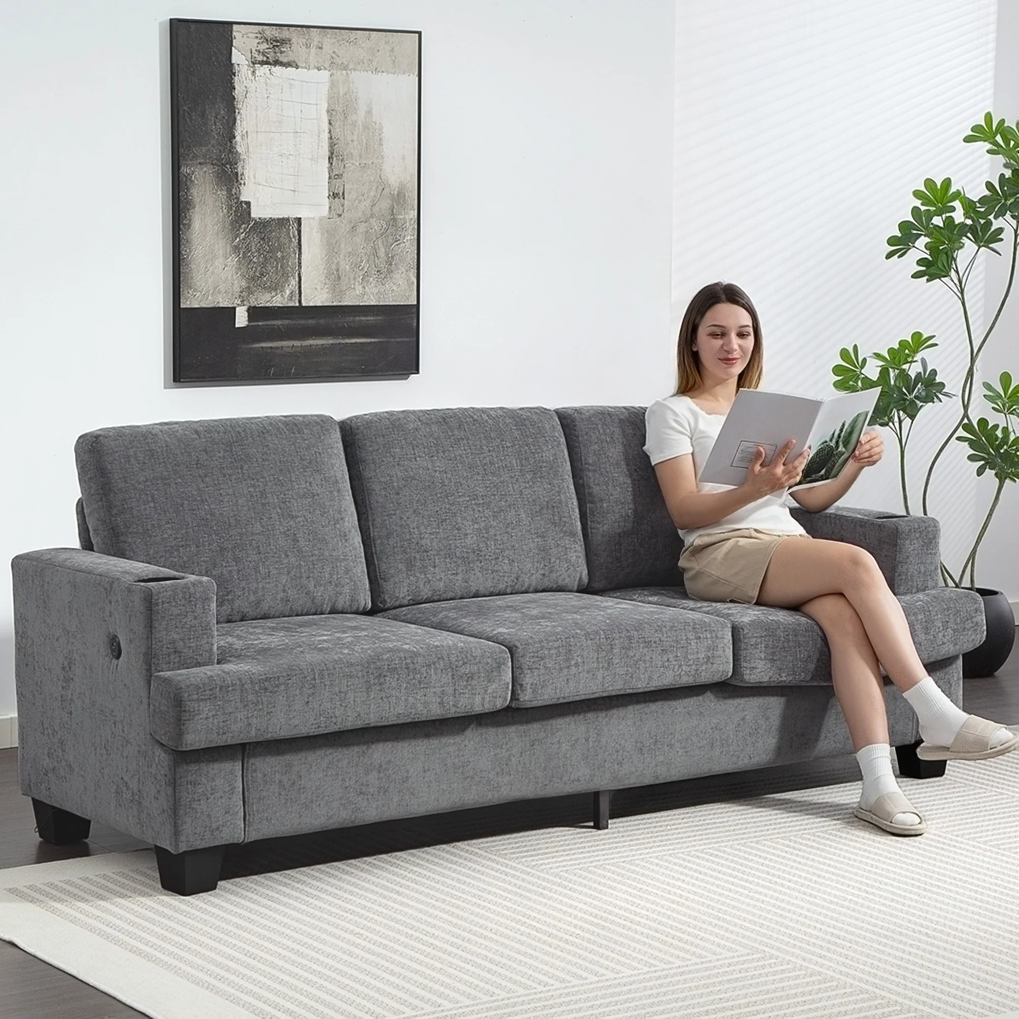 HOMCOM 3 Seater Sofa, Fabric Sofa With USB Ports And Cup Holders, - Image 11