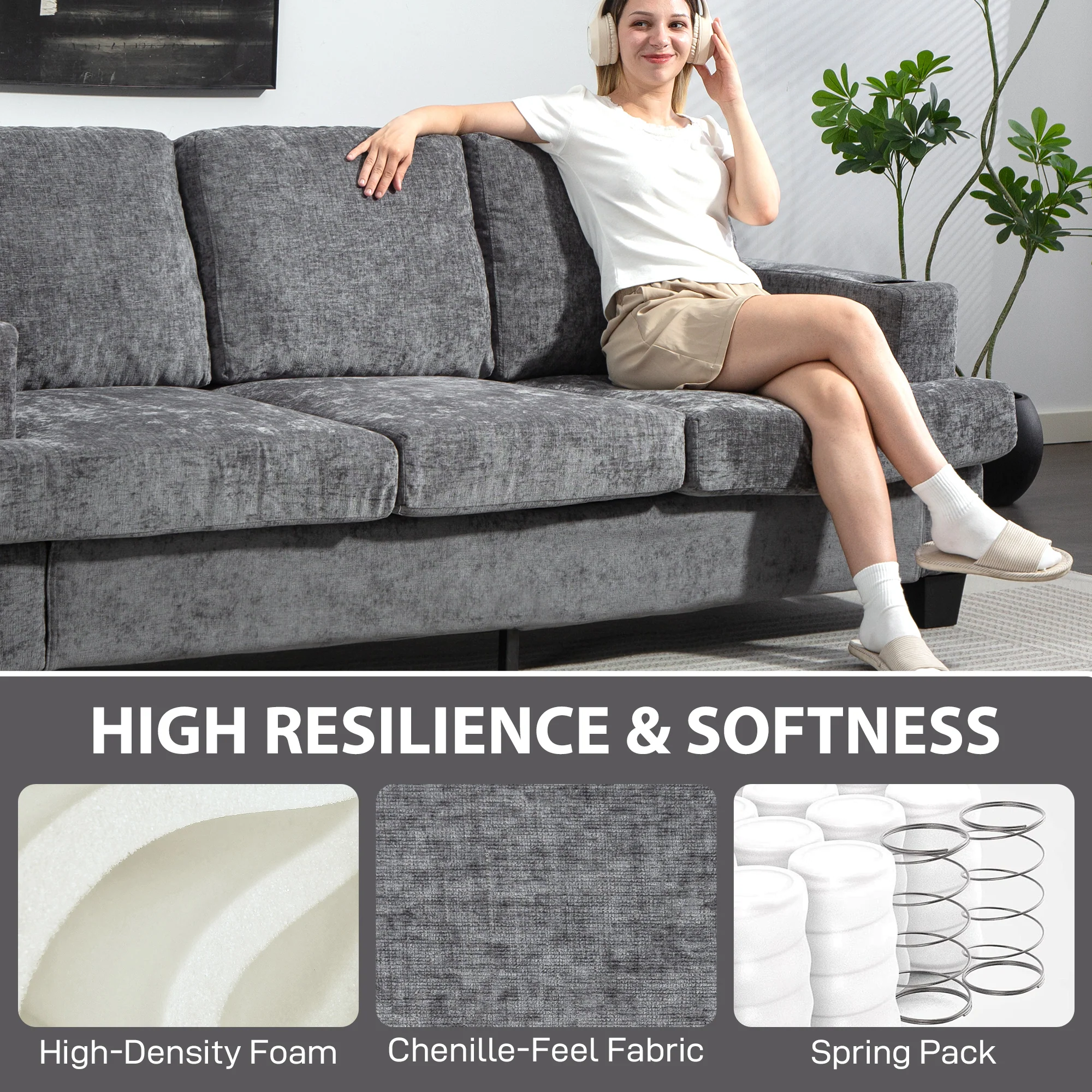 HOMCOM 3 Seater Sofa, Fabric Sofa With USB Ports And Cup Holders, - Image 15