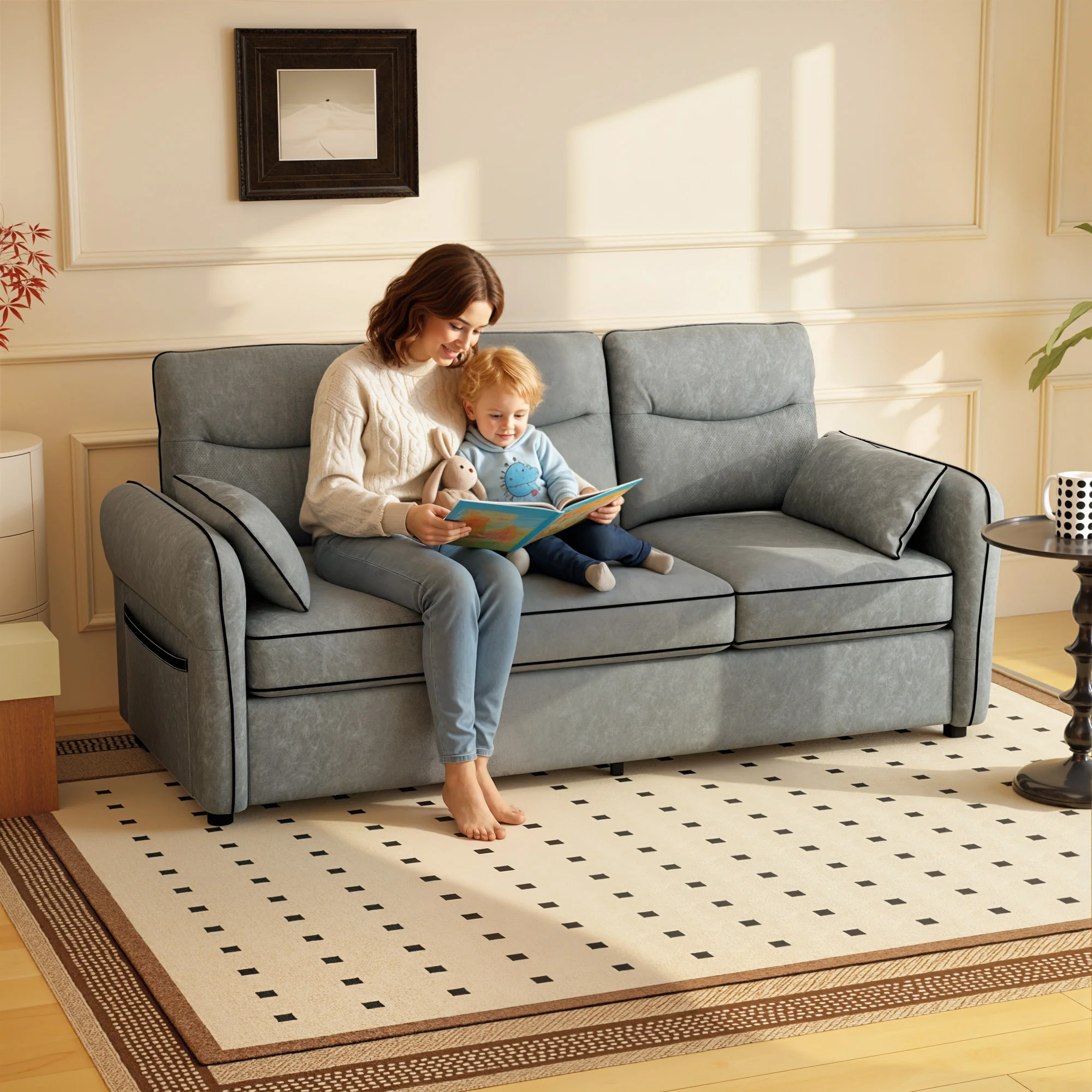 HOMCOM 3 Seater Sofa, Faux Leather Couch with Thicken Cushion, Grey - Image 2