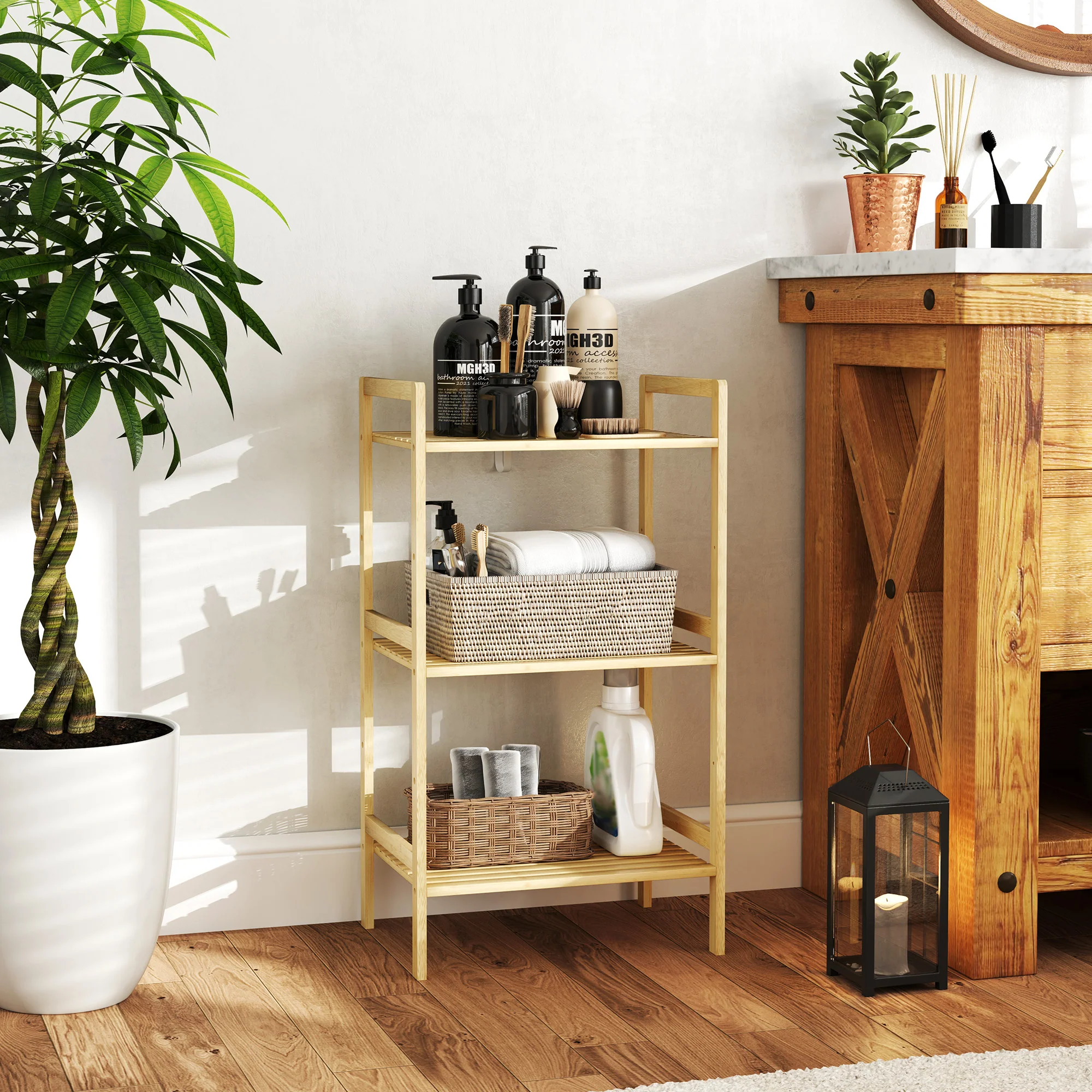 HOMCOM 3-Tier Bamboo Bathroom Storage Shelf with Adjustable Rack, Natural - Image 2