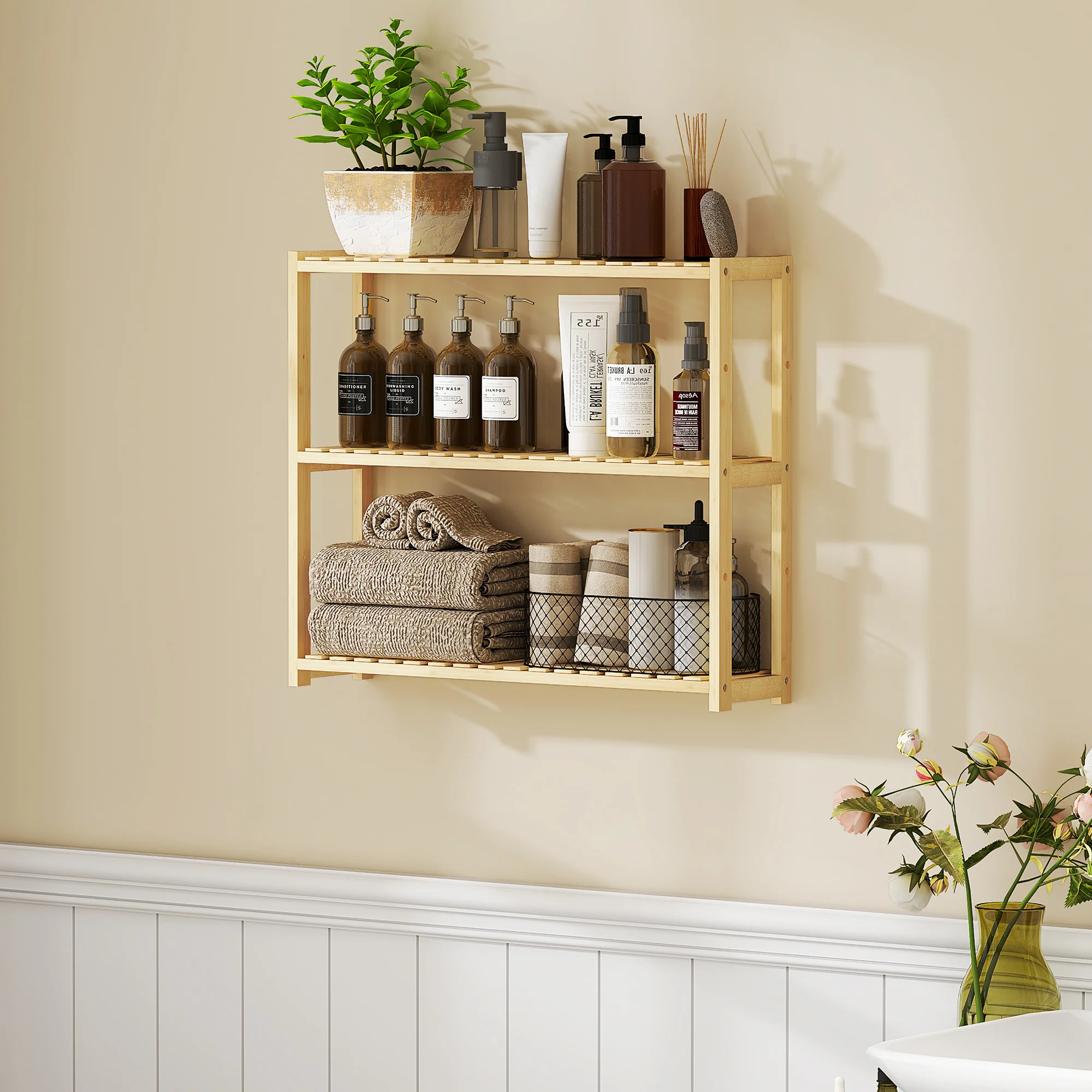 HOMCOM 3-Tier Bamboo Bathroom Storage Shelf With Adjustable Rack, Natural - Image 2