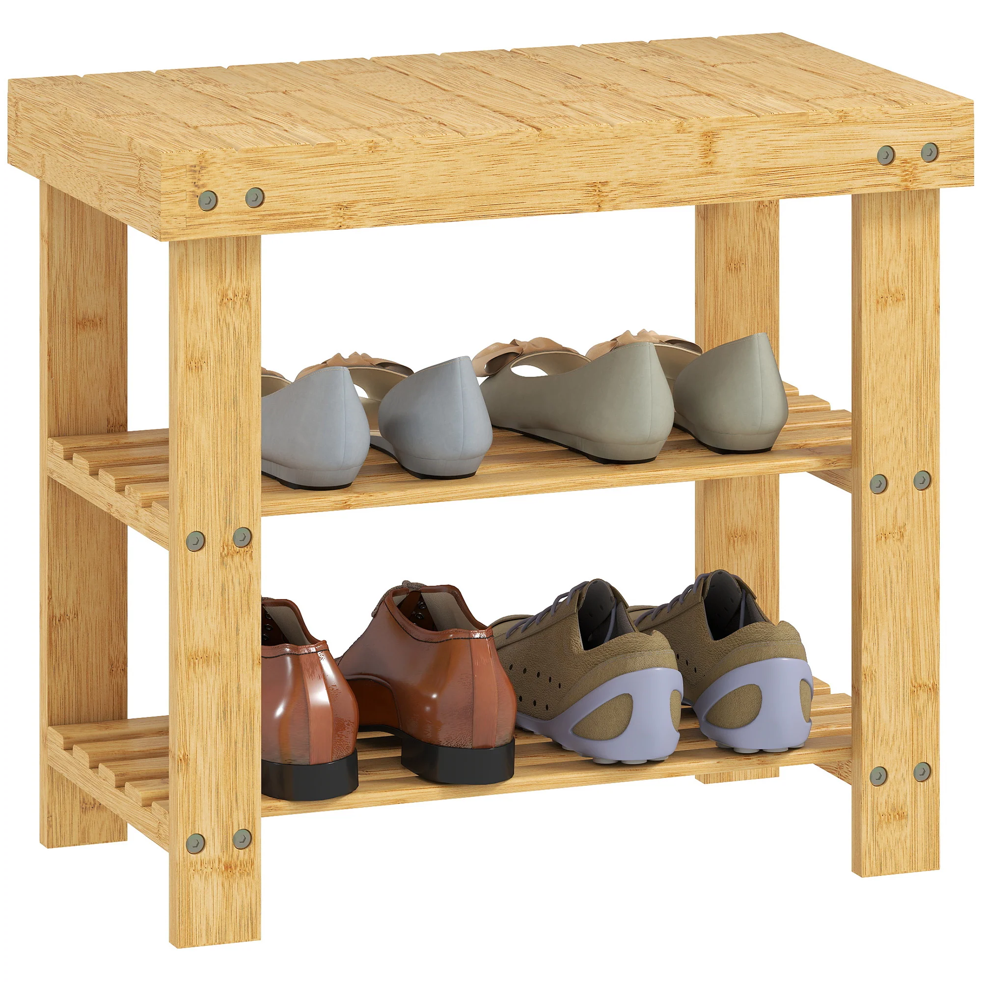 HOMCOM 3-Tier Bamboo Shoe Bench with 2 Shelves for Entryway, Wood Finish