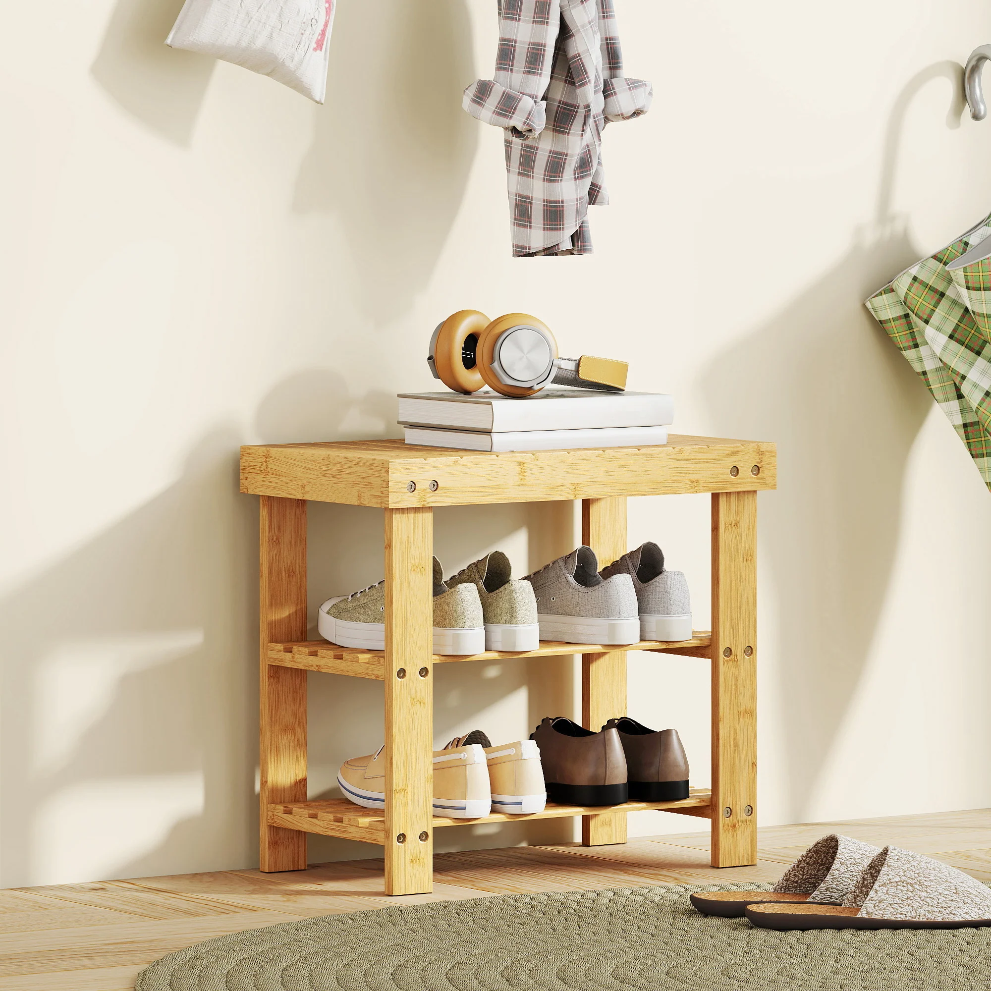 HOMCOM 3-Tier Bamboo Shoe Bench with 2 Shelves for Entryway, Wood Finish - Image 2