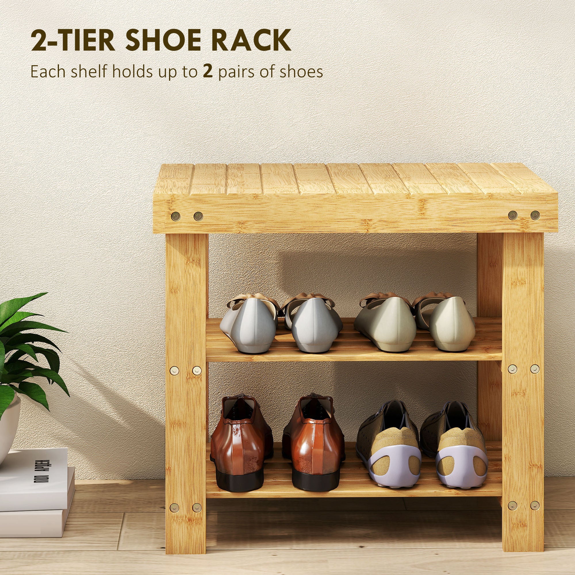 HOMCOM 3-Tier Bamboo Shoe Bench with 2 Shelves for Entryway, Wood Finish - Image 3