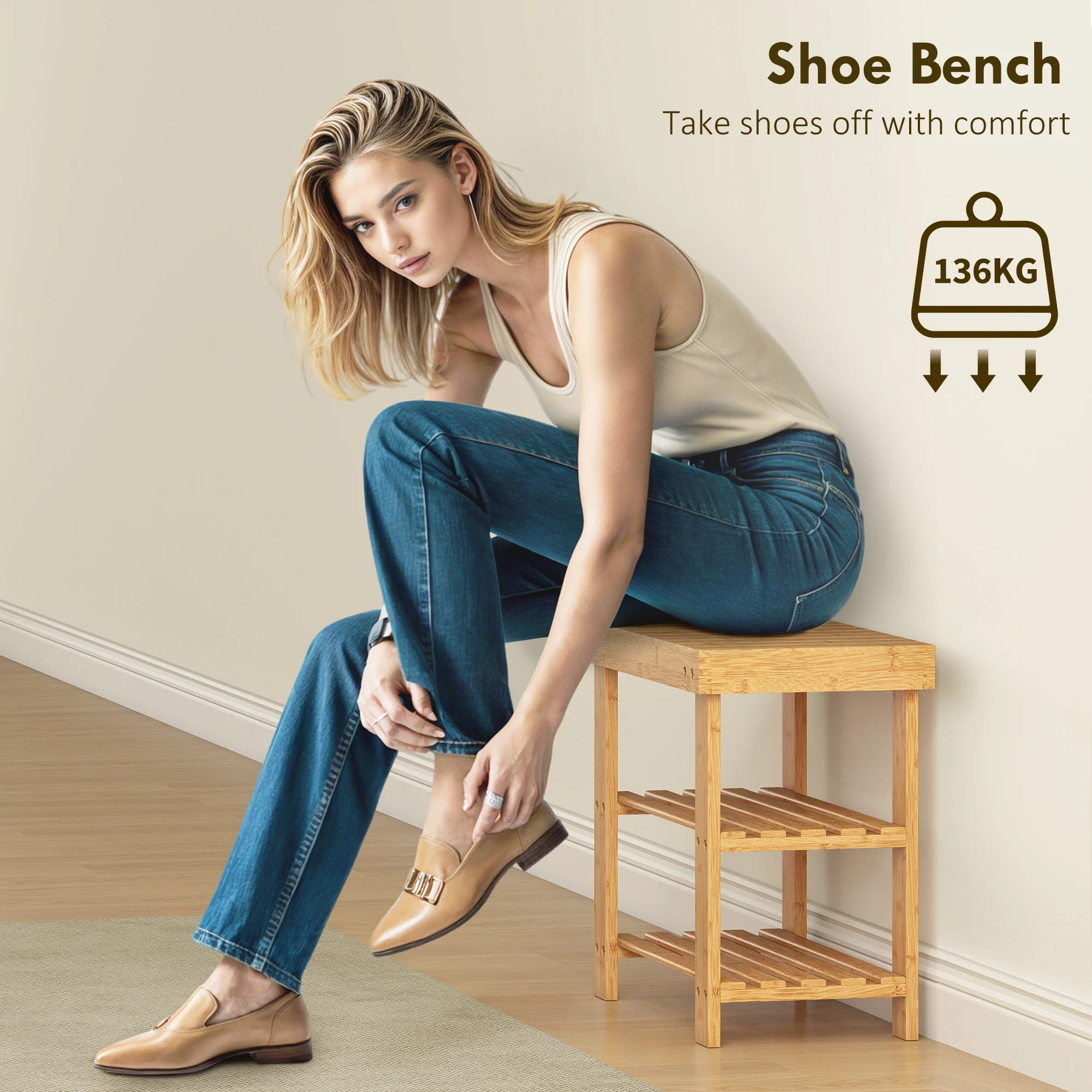 HOMCOM 3-Tier Bamboo Shoe Bench with 2 Shelves for Entryway, Wood Finish - Image 4