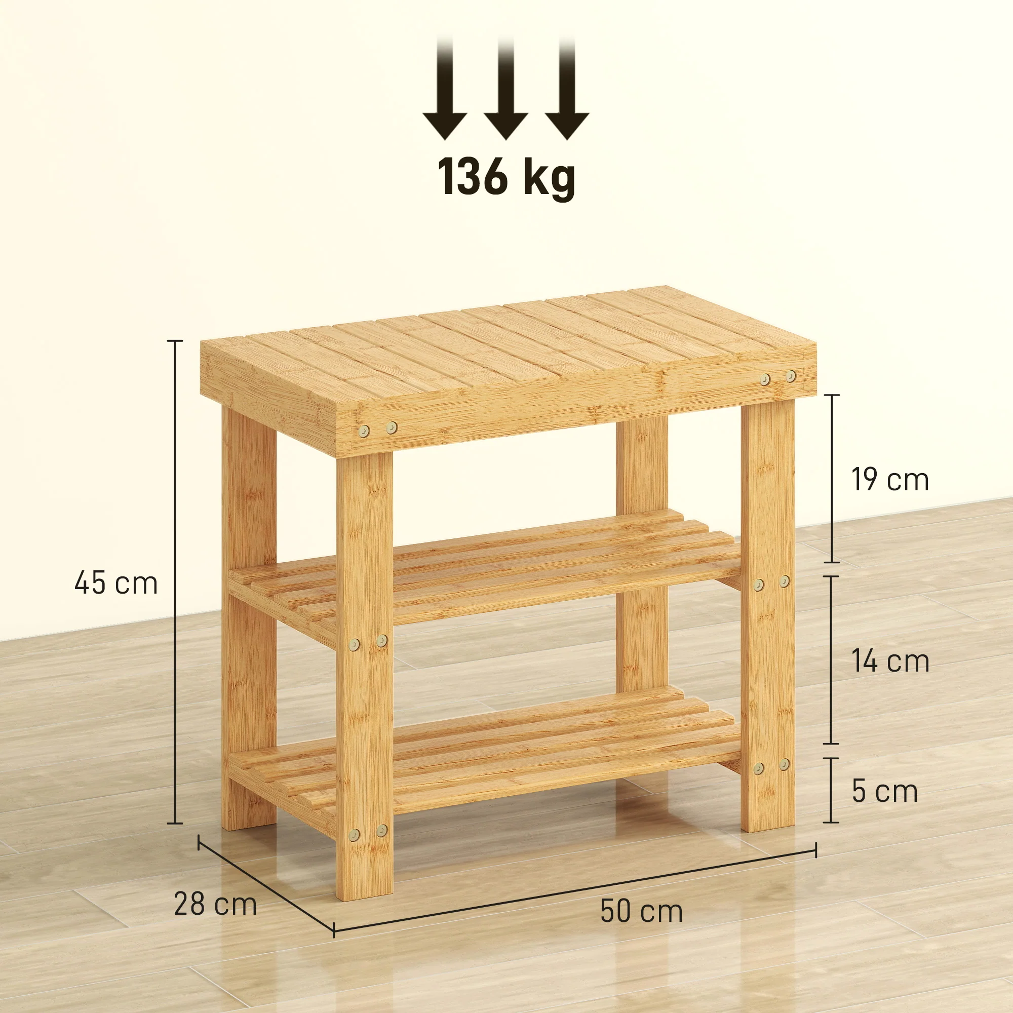 HOMCOM 3-Tier Bamboo Shoe Bench with 2 Shelves for Entryway, Wood Finish - Image 5